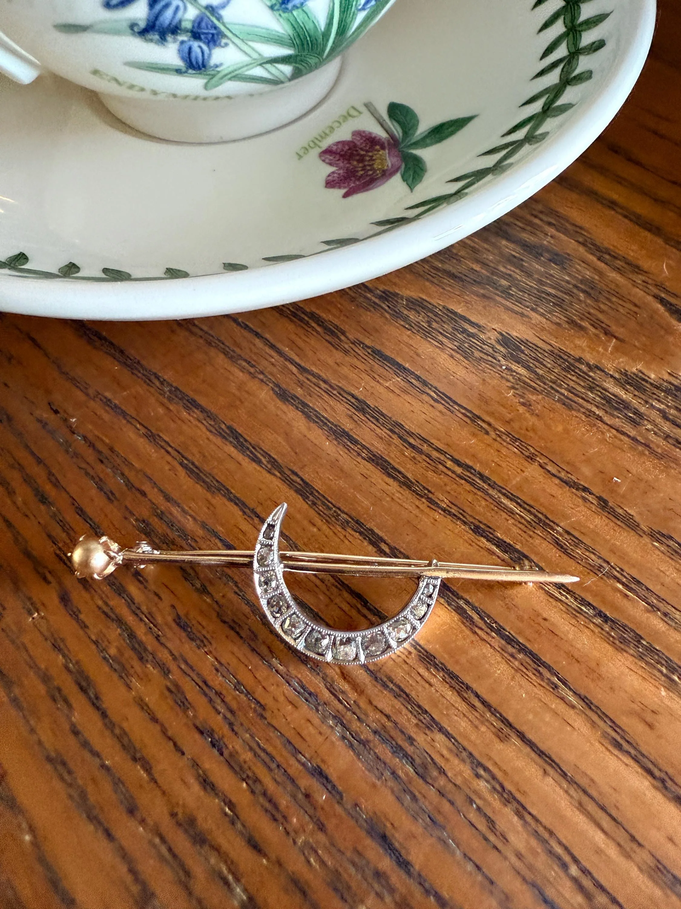 MOON Crescent Brooch .85 Carat + Rose Old Mine DIAMOND 14k Gold Platinum Extender Connector Pendant Pin Charm Holder Figural Celestial Pearl - Image 4