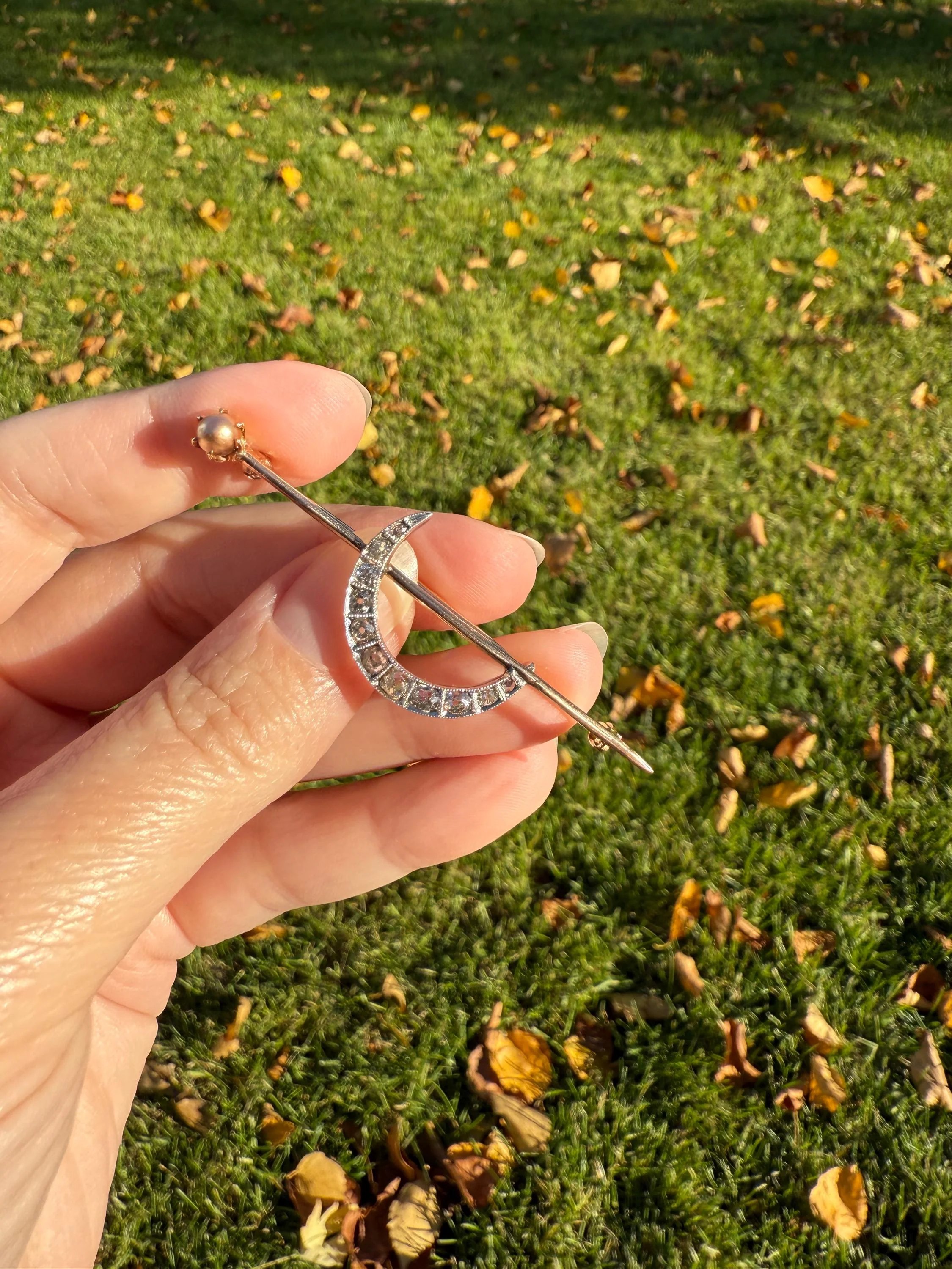 MOON Crescent Brooch .85 Carat + Rose Old Mine DIAMOND 14k Gold Platinum Extender Connector Pendant Pin Charm Holder Figural Celestial Pearl - Image 5