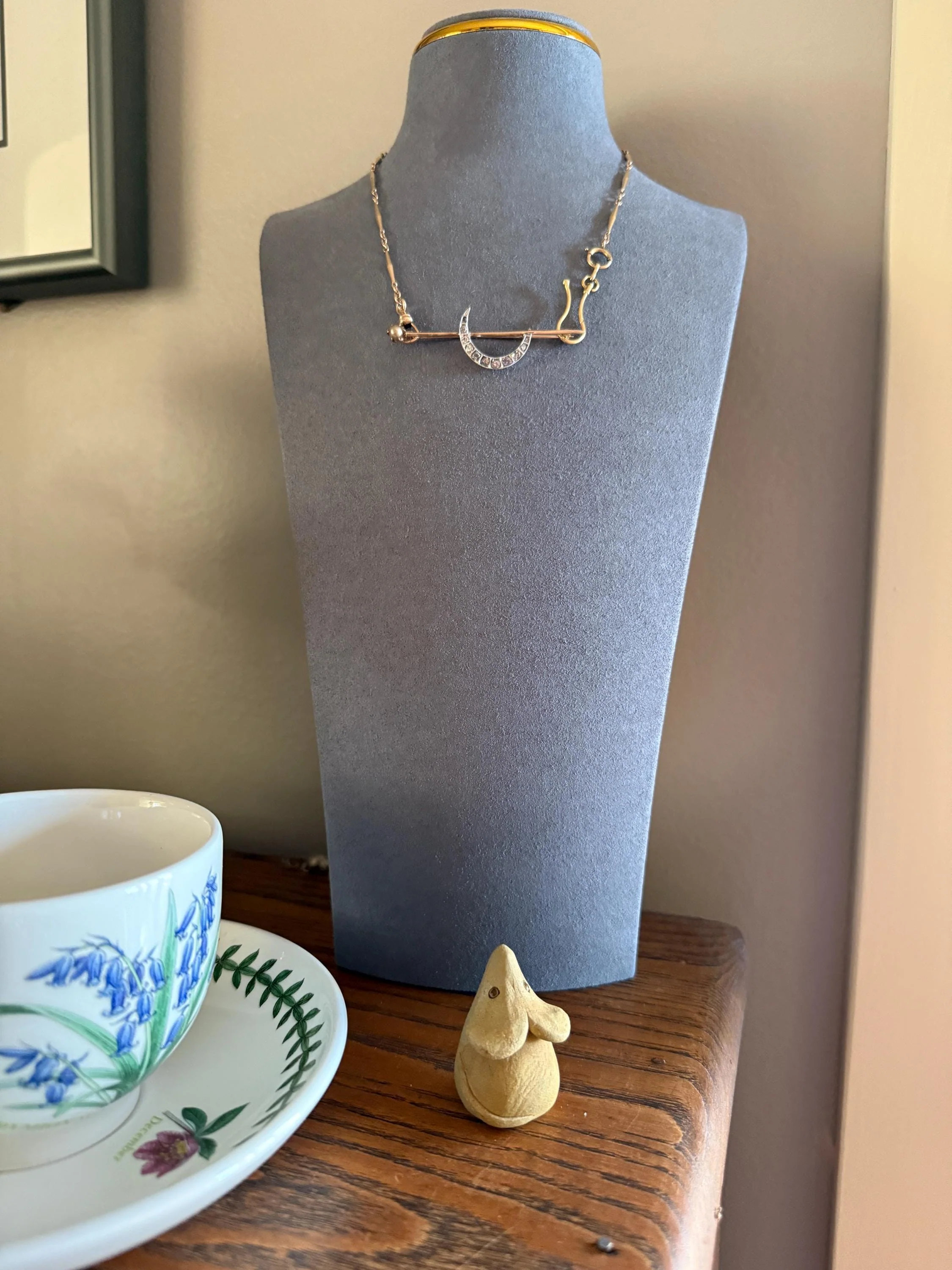MOON Crescent Brooch .85 Carat + Rose Old Mine DIAMOND 14k Gold Platinum Extender Connector Pendant Pin Charm Holder Figural Celestial Pearl - Image 7