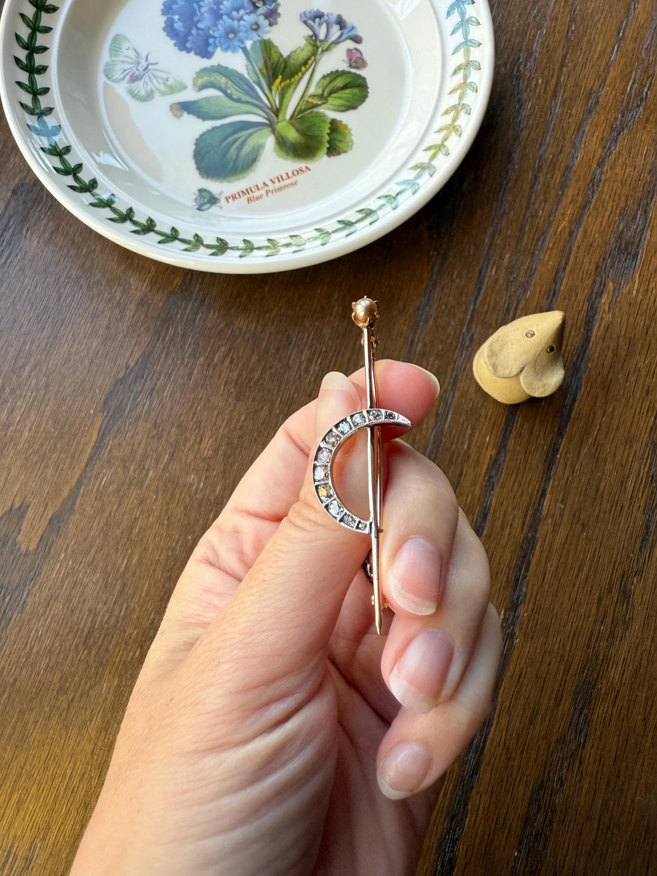 MOON Crescent Brooch .85 Carat + Rose Old Mine DIAMOND 14k Gold Platinum Extender Connector Pendant Pin Charm Holder Figural Celestial Pearl - Image 8
