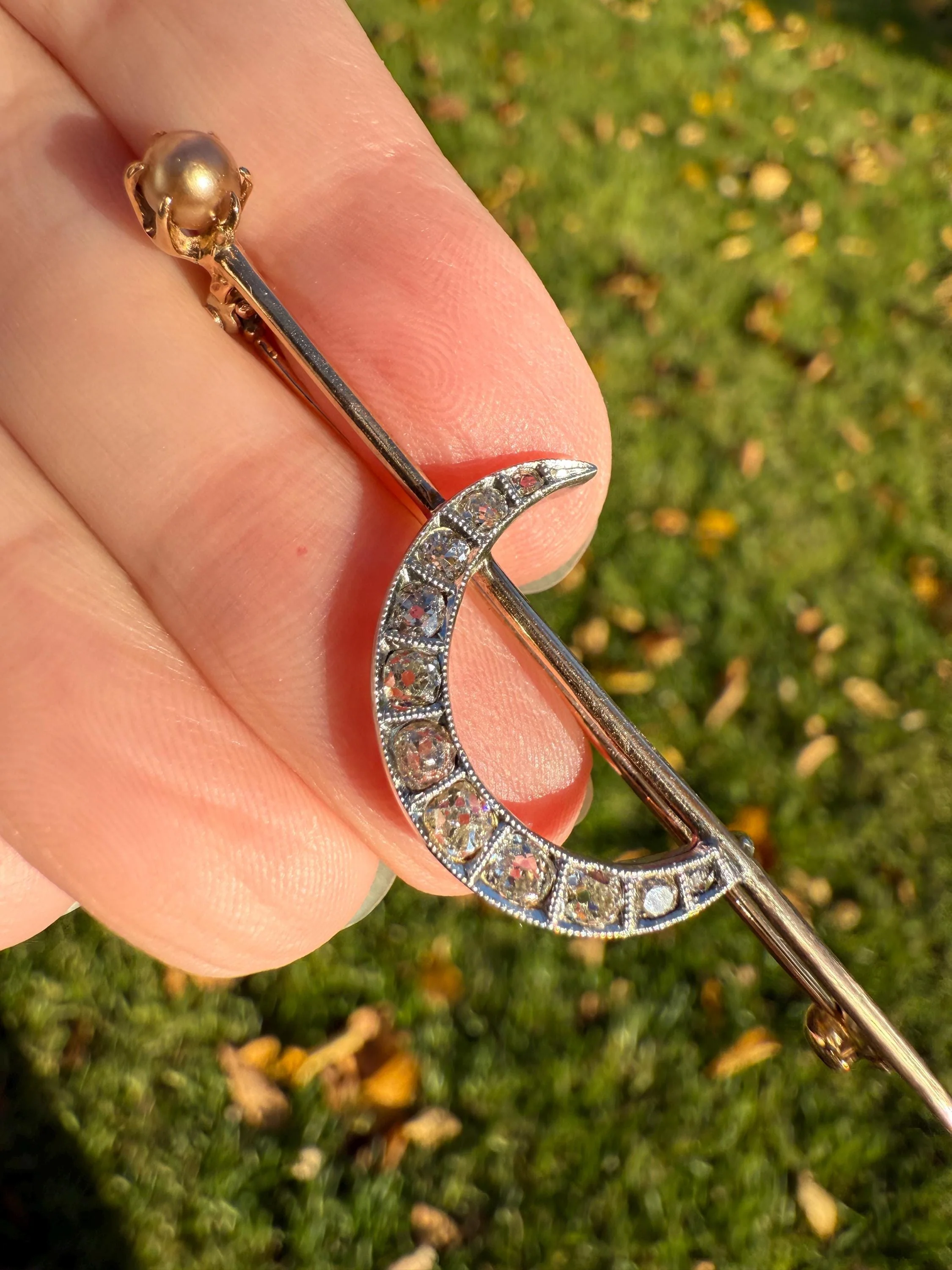MOON Crescent Brooch .85 Carat + Rose Old Mine DIAMOND 14k Gold Platinum Extender Connector Pendant Pin Charm Holder Figural Celestial Pearl - Image 9