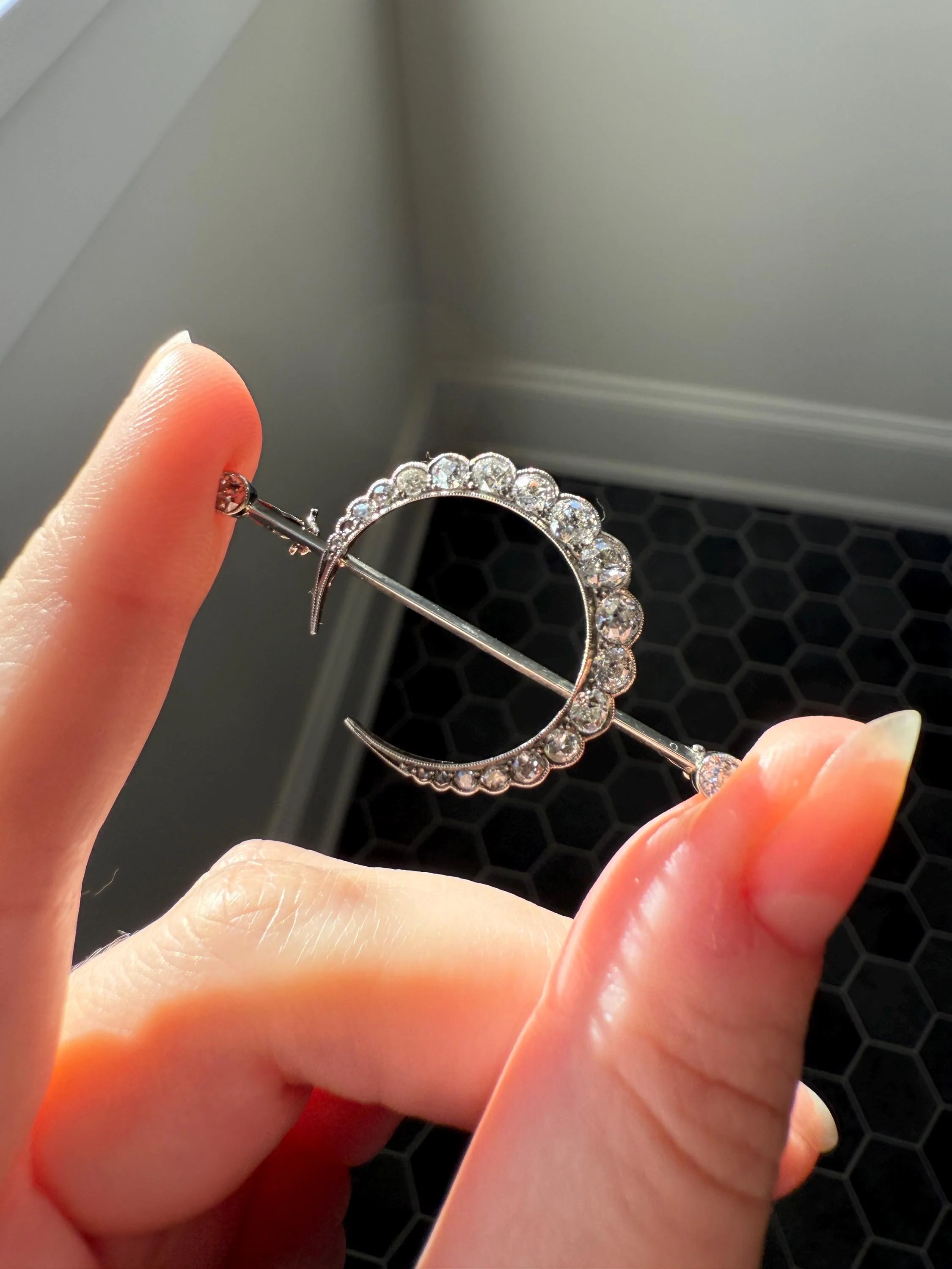 MOON Crescent Scalloped Brooch 2 Carat Old Mine DIAMOND 9k White Gold Extender Connector Pendant Pin Charm Holder Figural Celestial Milgrain - Image 11