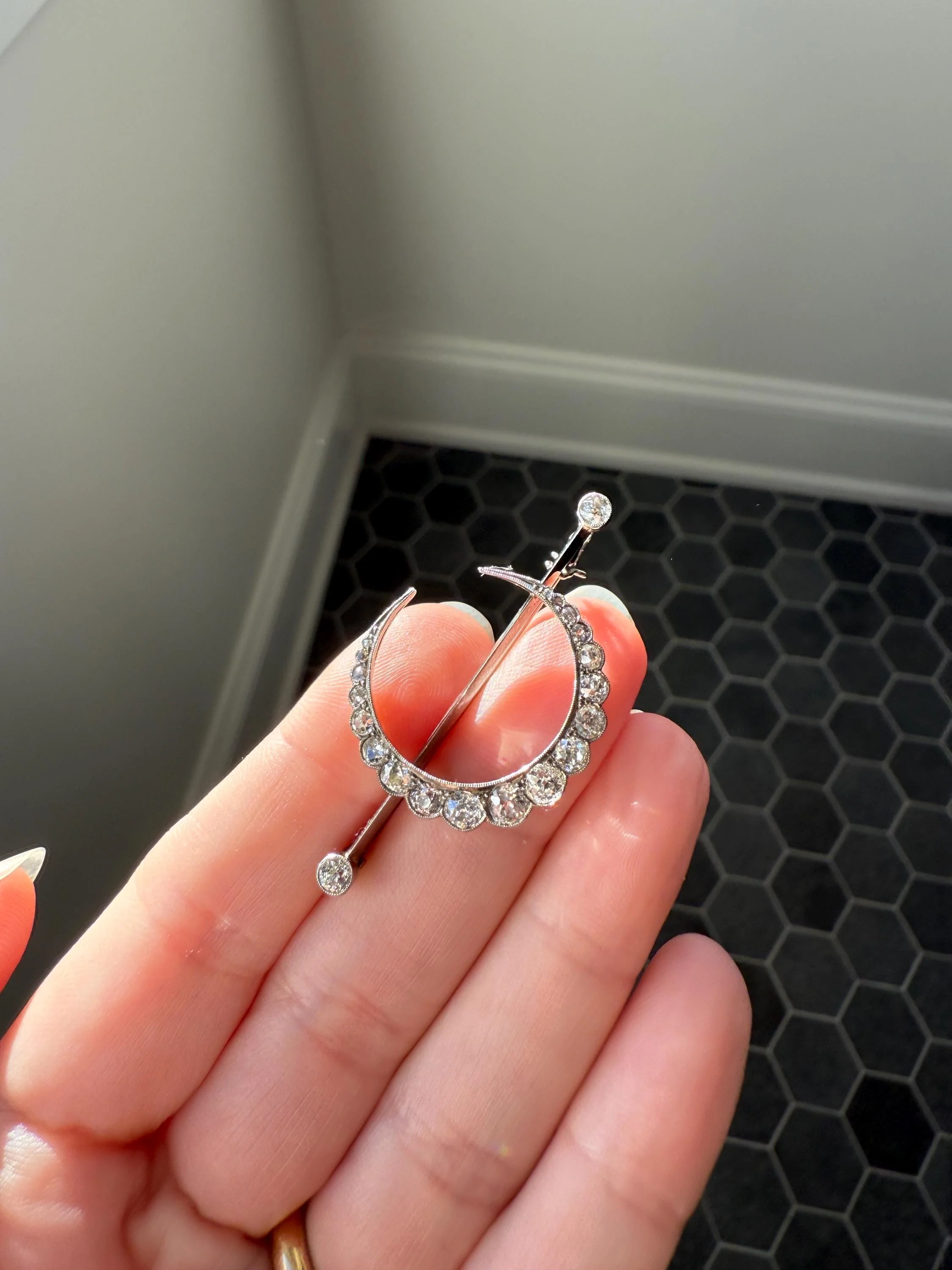 MOON Crescent Scalloped Brooch 2 Carat Old Mine DIAMOND 9k White Gold Extender Connector Pendant Pin Charm Holder Figural Celestial Milgrain - Image 12