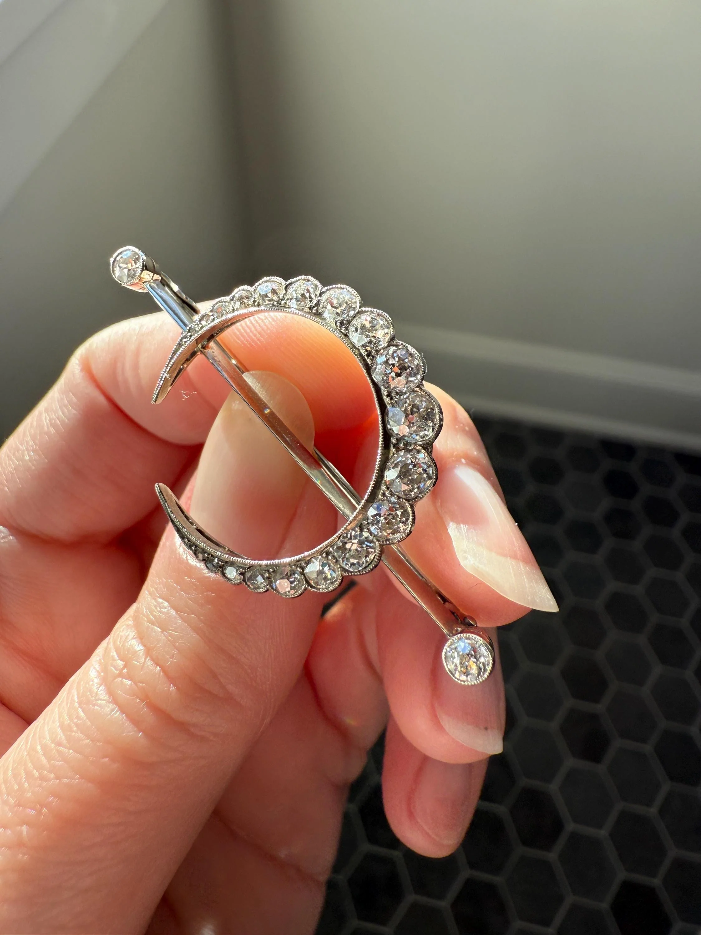 MOON Crescent Scalloped Brooch 2 Carat Old Mine DIAMOND 9k White Gold Extender Connector Pendant Pin Charm Holder Figural Celestial Milgrain - Image 13