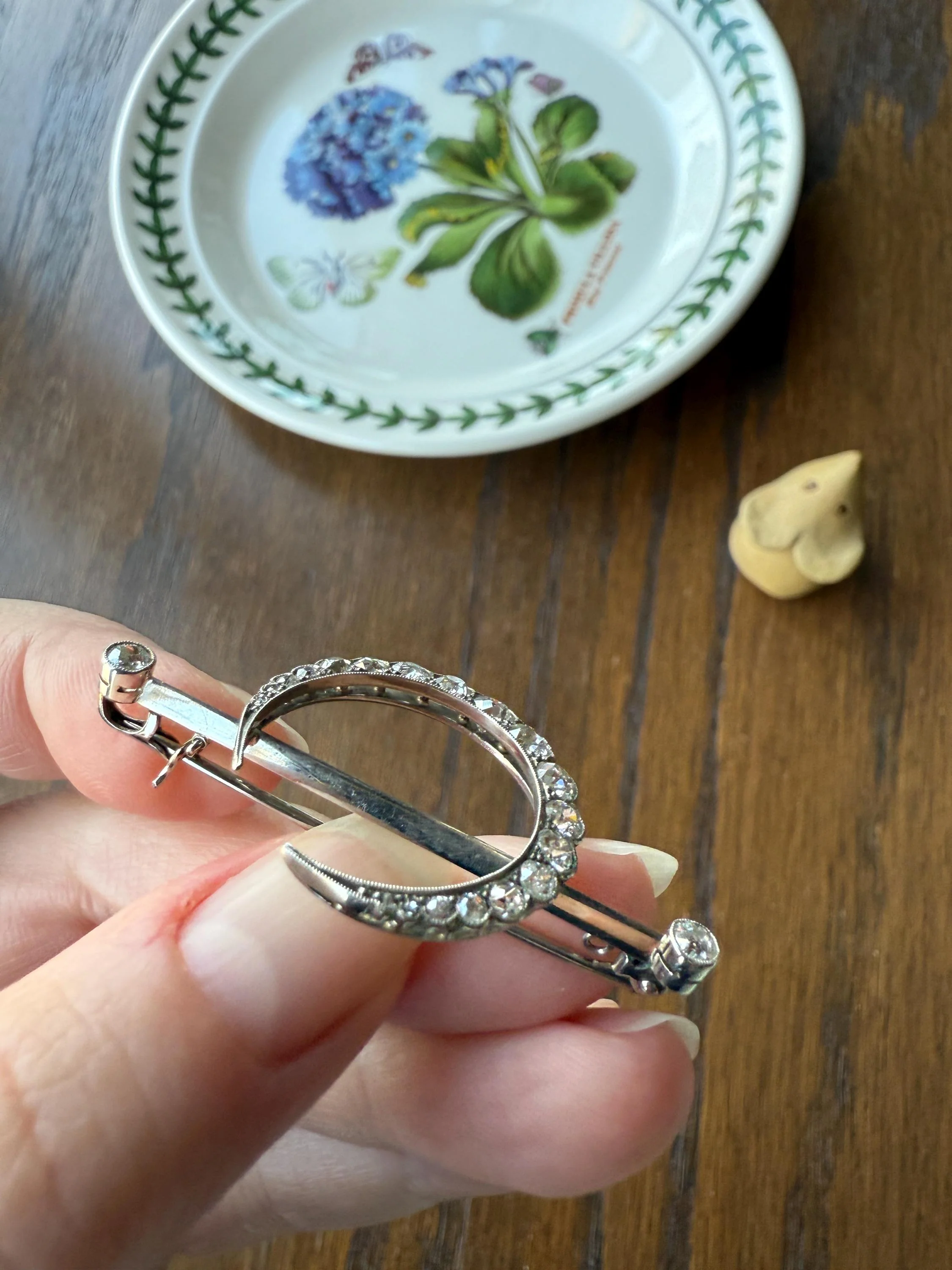 MOON Crescent Scalloped Brooch 2 Carat Old Mine DIAMOND 9k White Gold Extender Connector Pendant Pin Charm Holder Figural Celestial Milgrain - Image 14