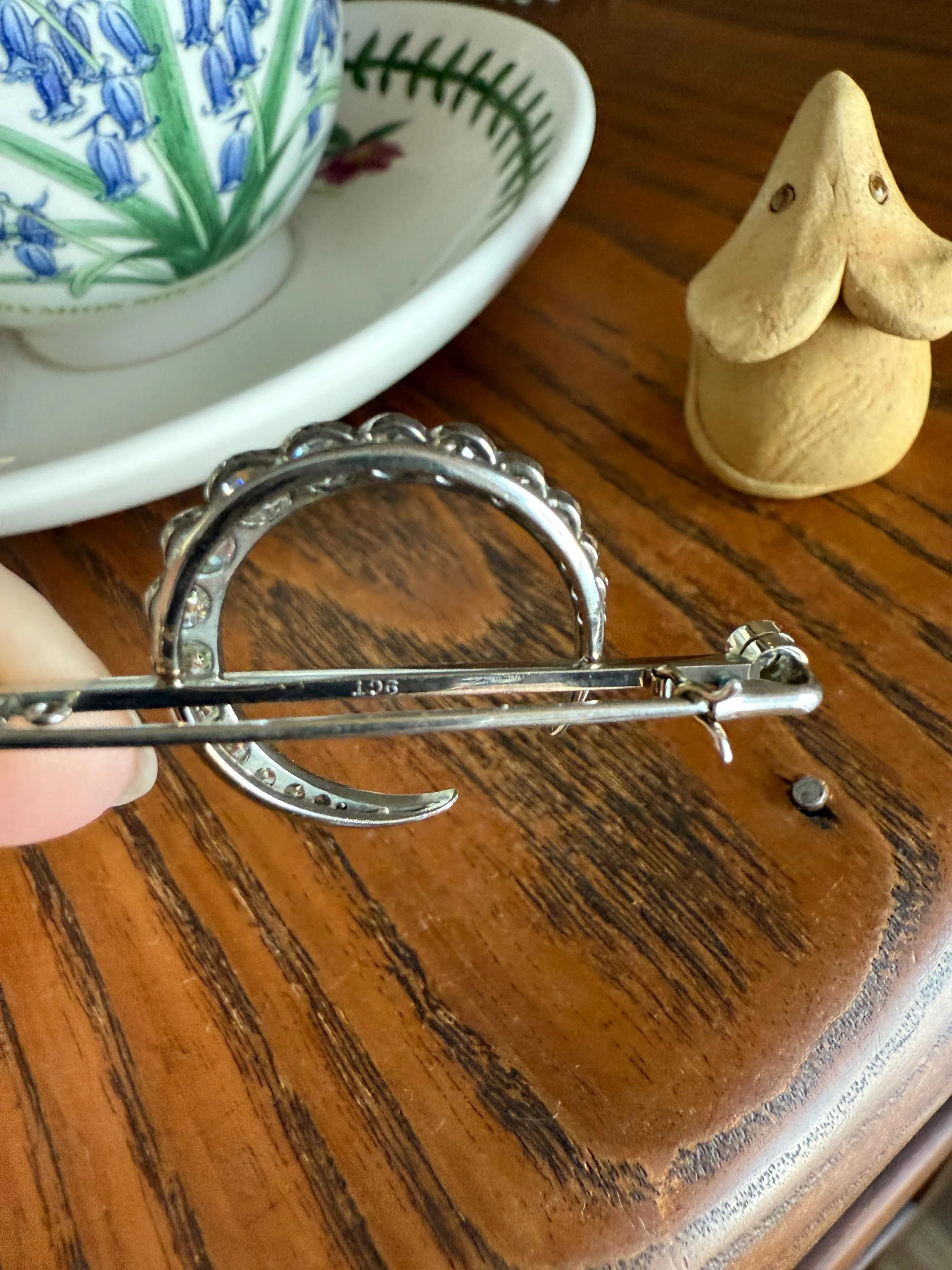 MOON Crescent Scalloped Brooch 2 Carat Old Mine DIAMOND 9k White Gold Extender Connector Pendant Pin Charm Holder Figural Celestial Milgrain - Image 16