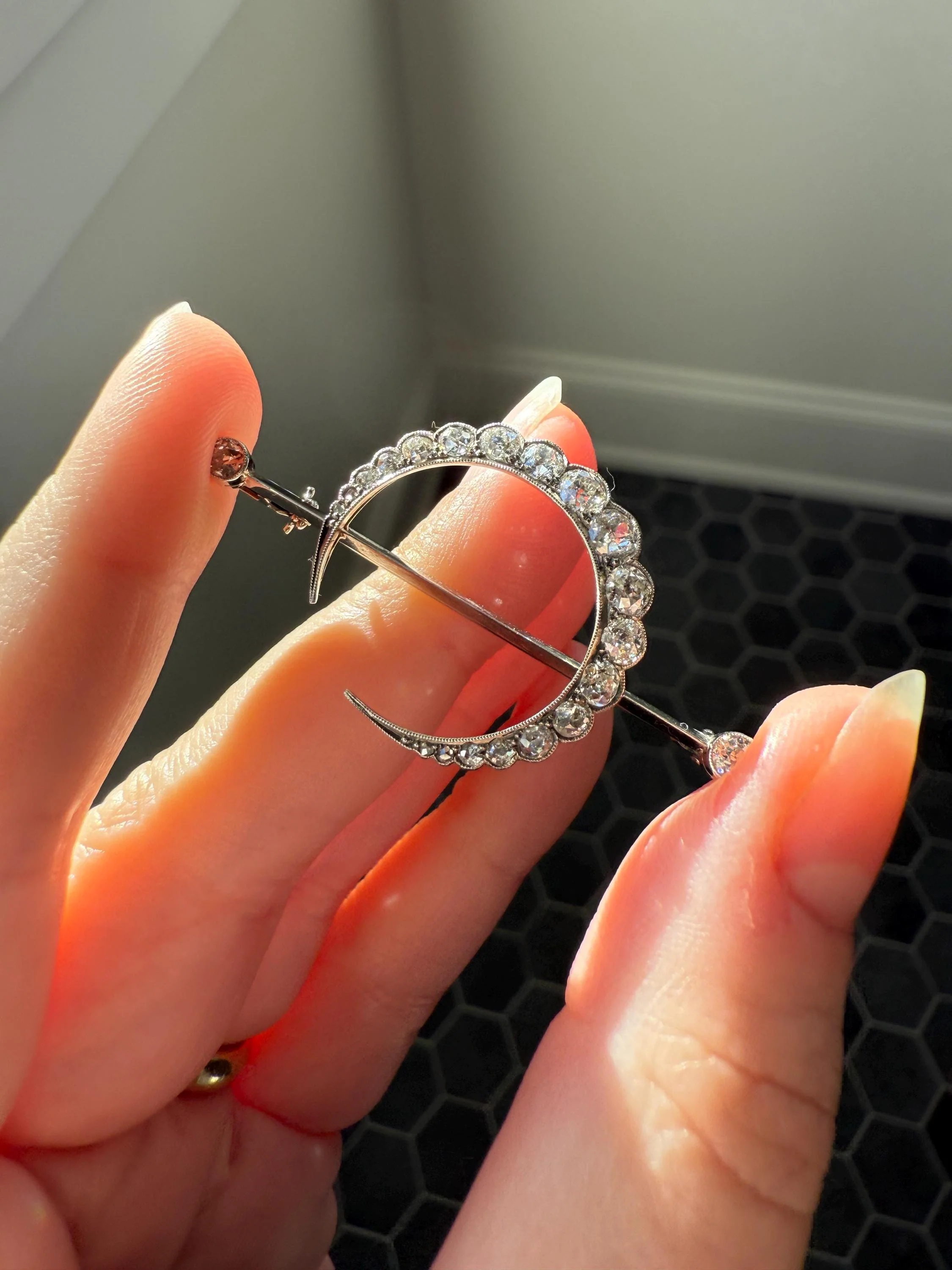 MOON Crescent Scalloped Brooch 2 Carat Old Mine DIAMOND 9k White Gold Extender Connector Pendant Pin Charm Holder Figural Celestial Milgrain - Image 2