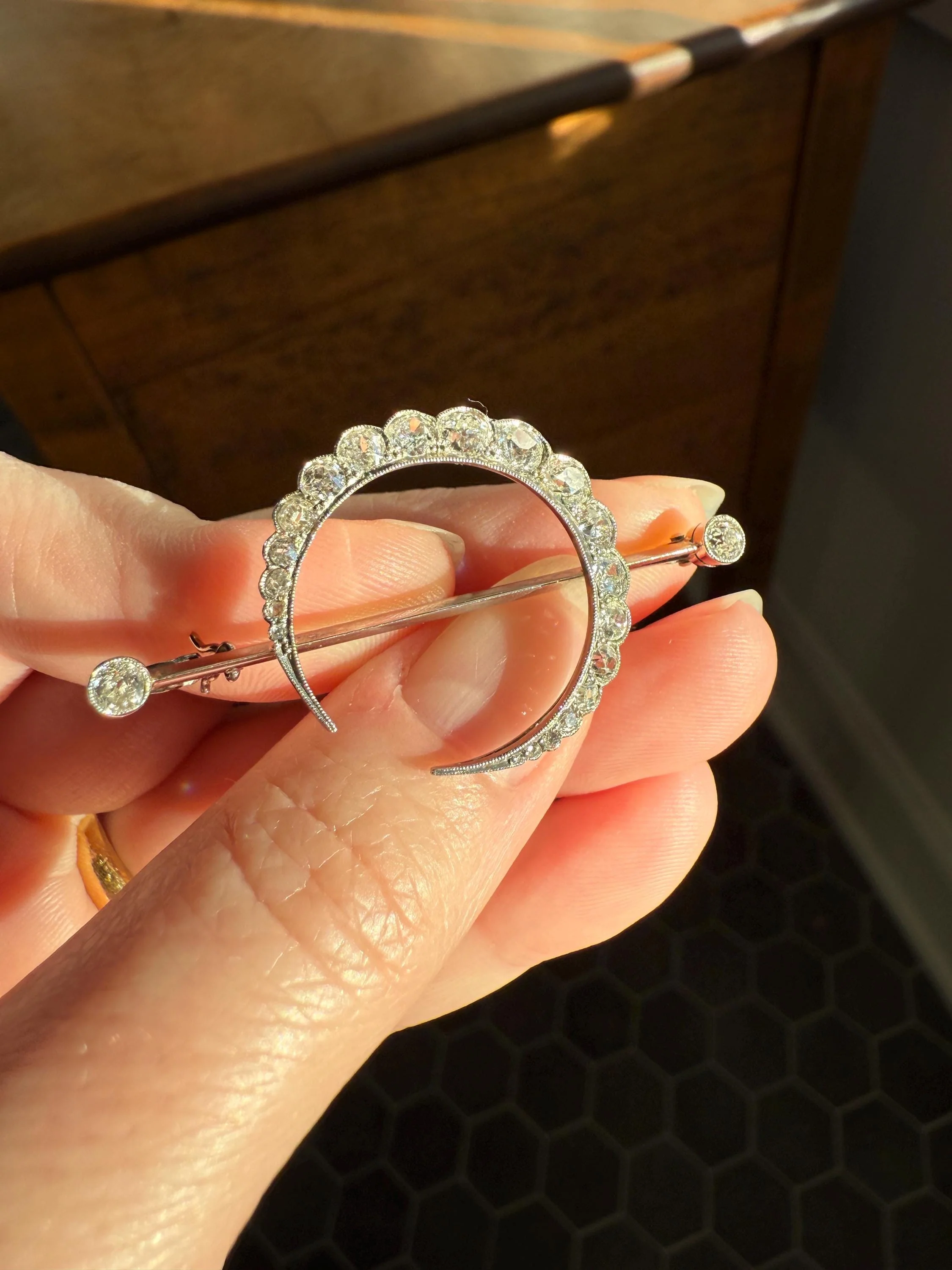 MOON Crescent Scalloped Brooch 2 Carat Old Mine DIAMOND 9k White Gold Extender Connector Pendant Pin Charm Holder Figural Celestial Milgrain - Image 7