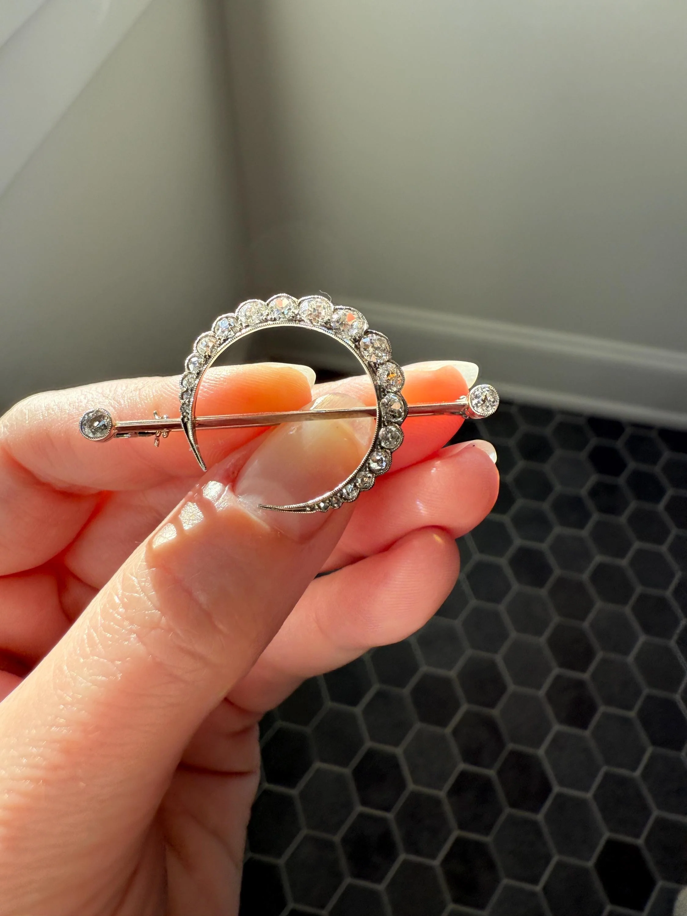 MOON Crescent Scalloped Brooch 2 Carat Old Mine DIAMOND 9k White Gold Extender Connector Pendant Pin Charm Holder Figural Celestial Milgrain - Image 9