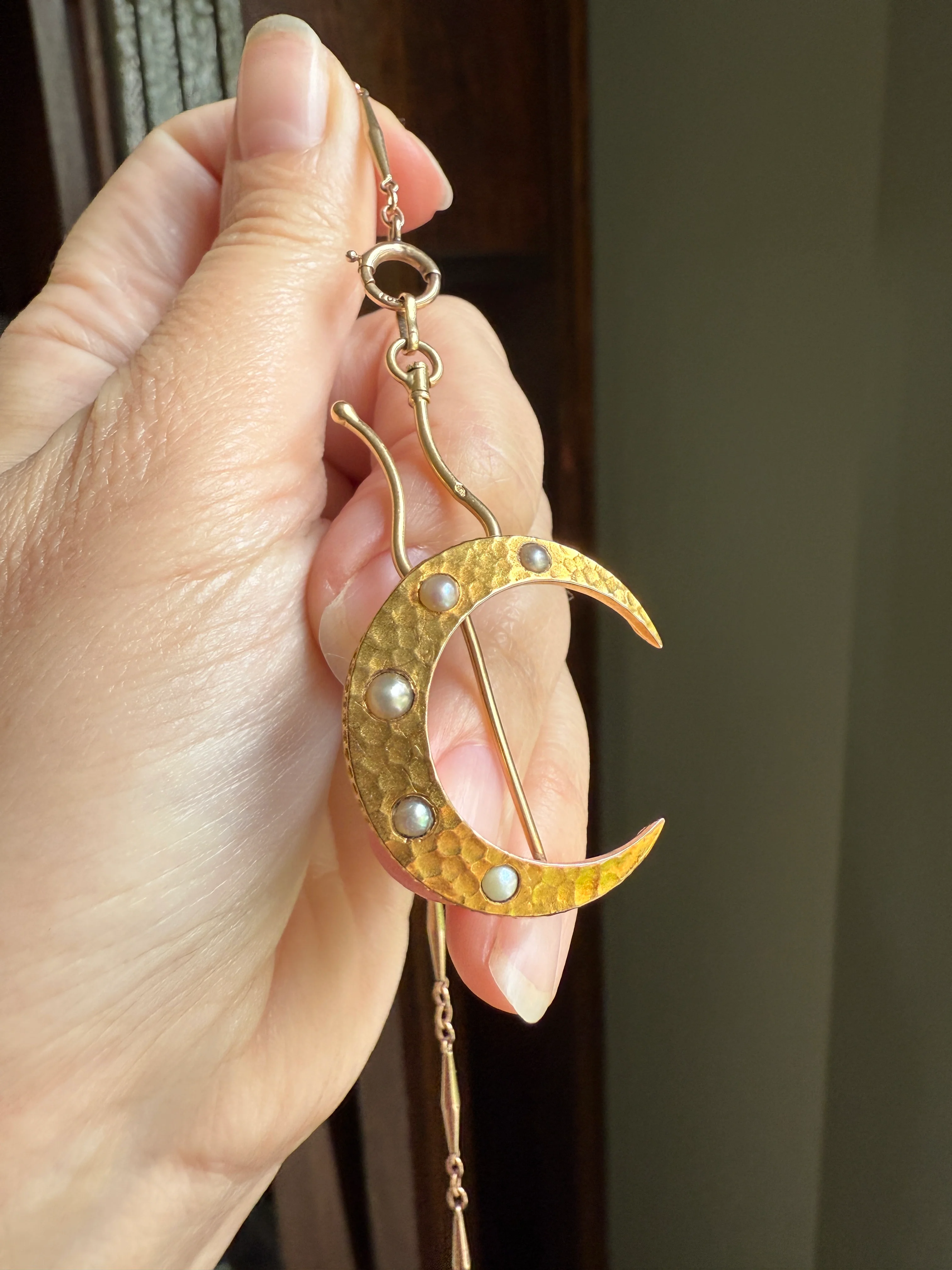 MOON Hammered 18k GOLD Antique VICTORIAN Figural Brooch Extender Buttery Connector Pin or Pendant Conversion - Image 17