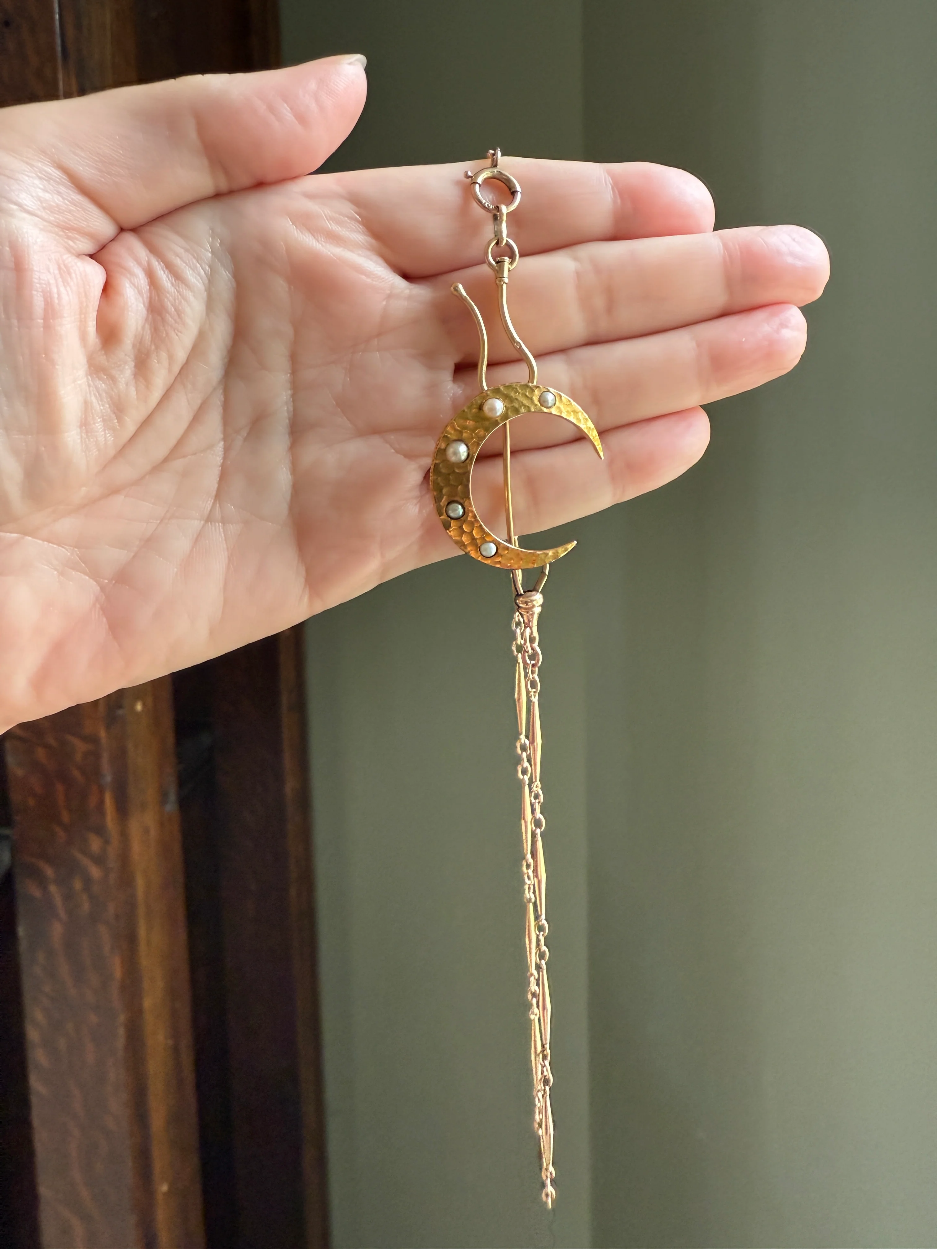 MOON Hammered 18k GOLD Antique VICTORIAN Figural Brooch Extender Buttery Connector Pin or Pendant Conversion - Image 18