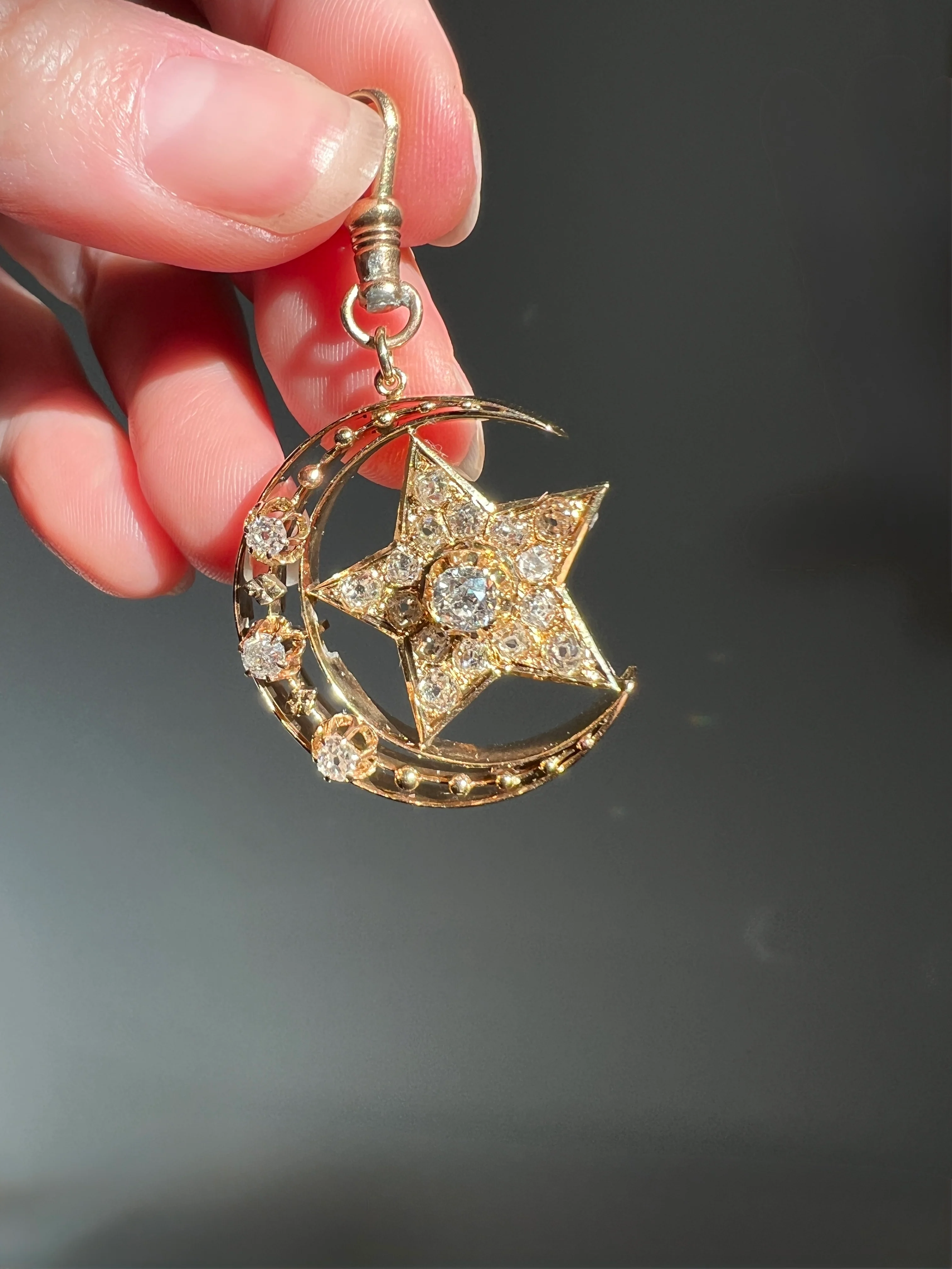 MOON STAR 1.5 Carat ANTIQUE Old Mine Cut Diamond Crescent Pendant 14k Gold 10k Dog Clip Victorian Figural Ball Rivet - Image 11