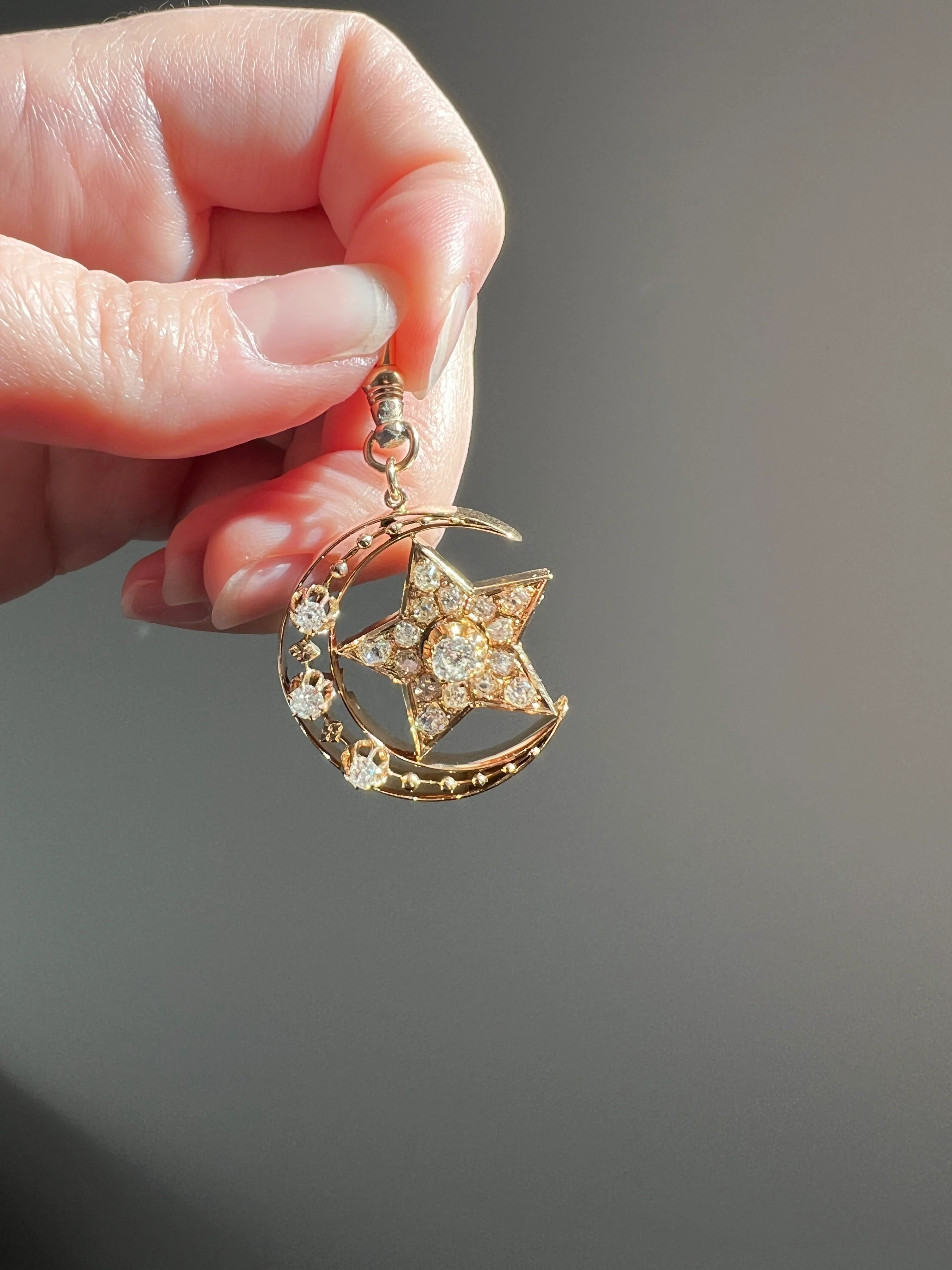 MOON STAR 1.5 Carat ANTIQUE Old Mine Cut Diamond Crescent Pendant 14k Gold 10k Dog Clip Victorian Figural Ball Rivet - Image 12