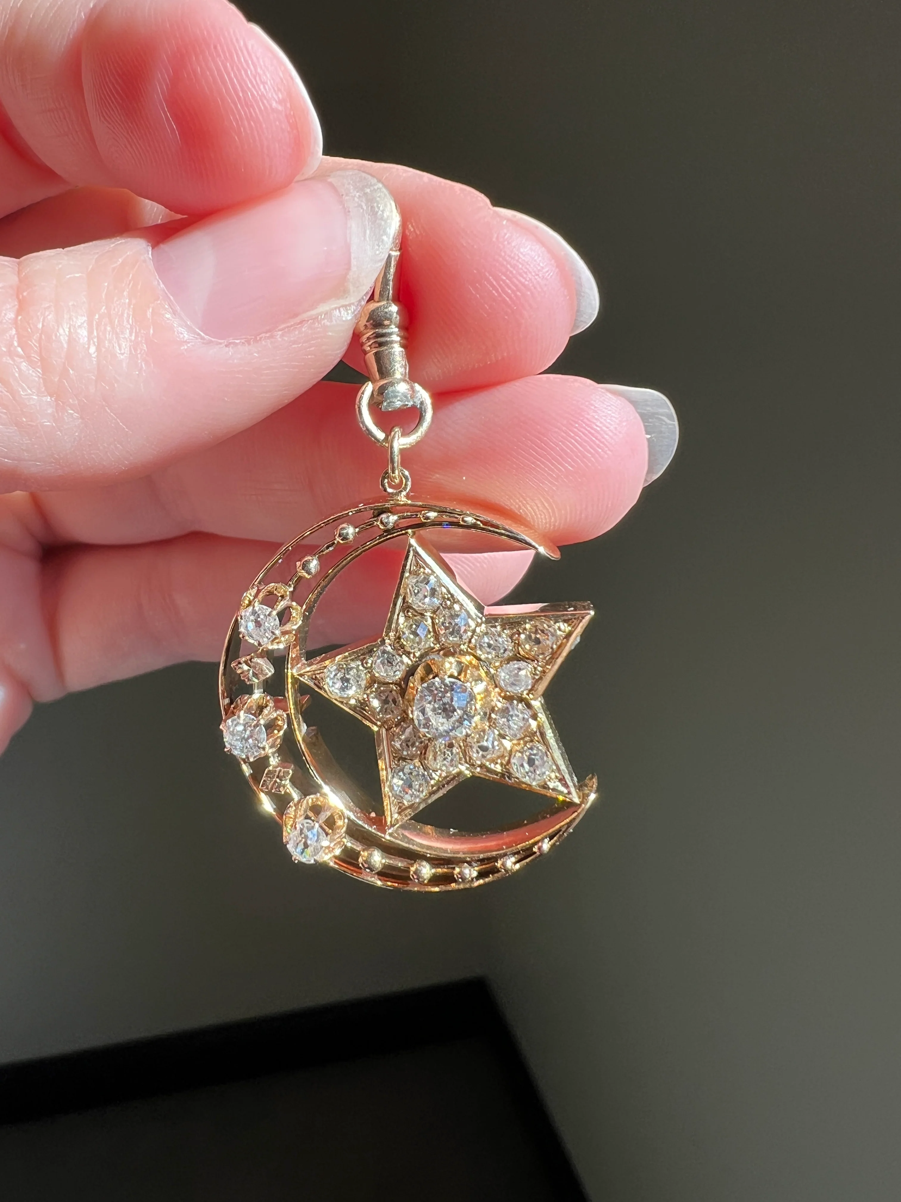 MOON STAR 1.5 Carat ANTIQUE Old Mine Cut Diamond Crescent Pendant 14k Gold 10k Dog Clip Victorian Figural Ball Rivet - Image 13