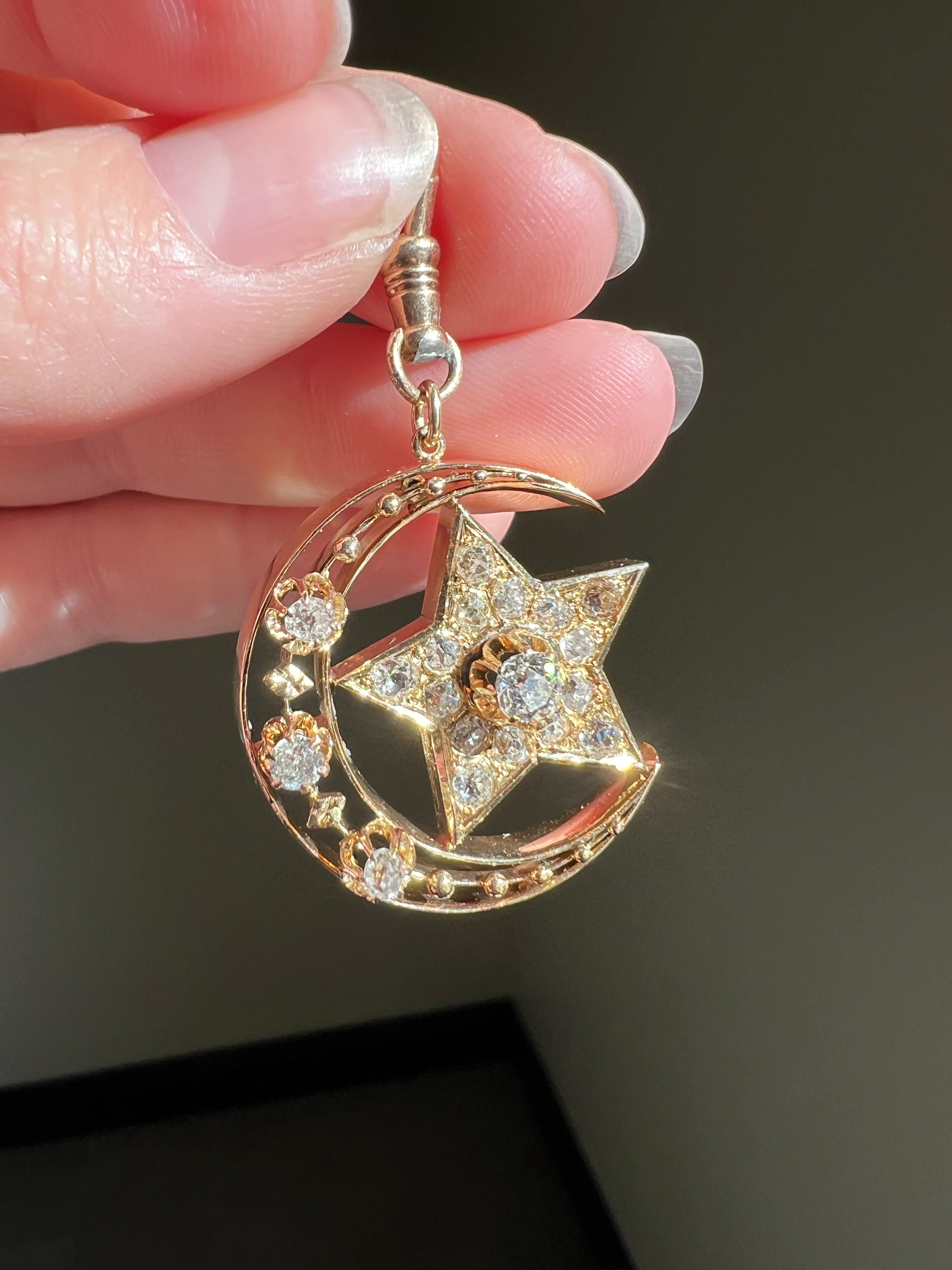MOON STAR 1.5 Carat ANTIQUE Old Mine Cut Diamond Crescent Pendant 14k Gold 10k Dog Clip Victorian Figural Ball Rivet - Image 14