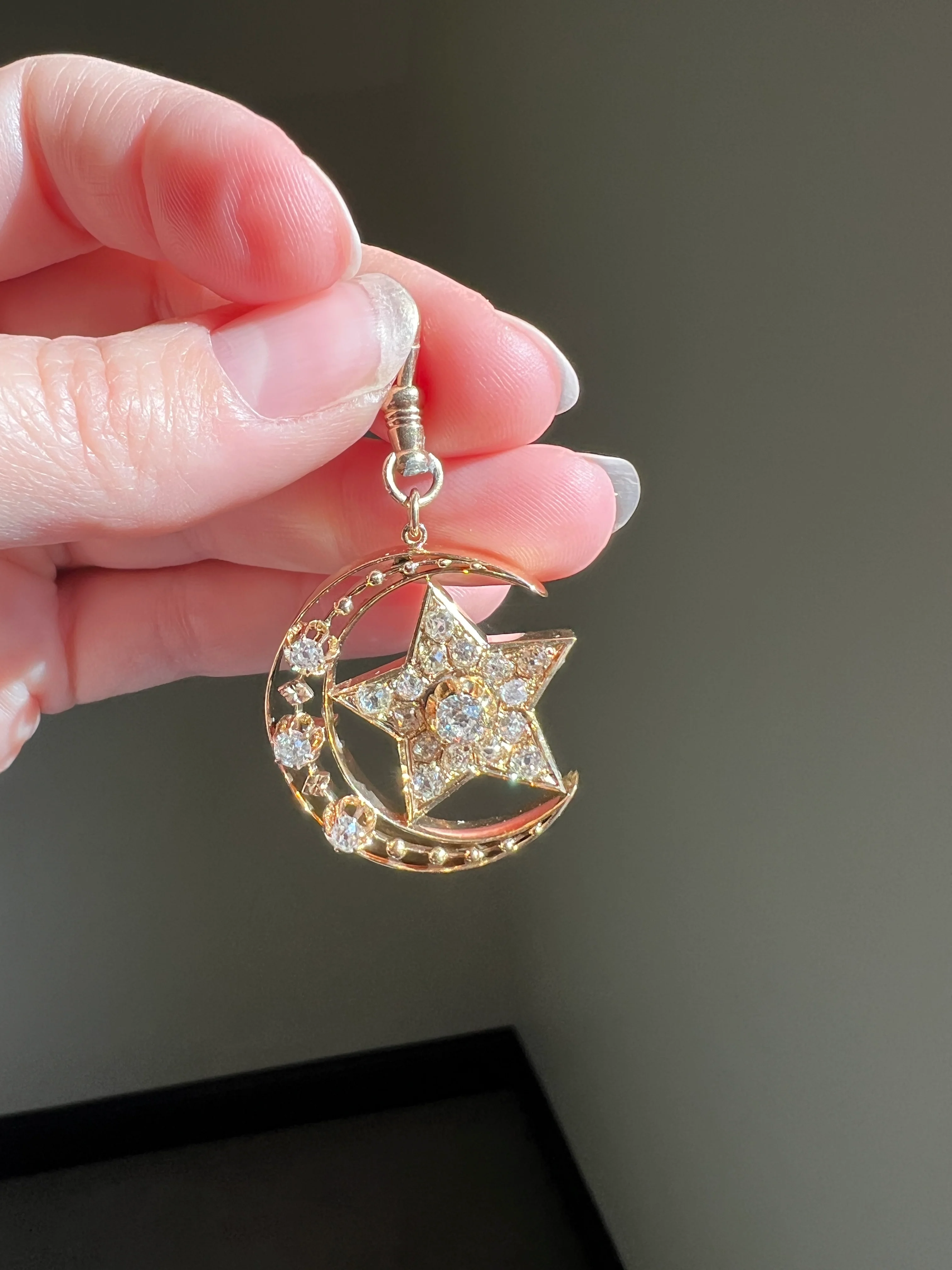 MOON STAR 1.5 Carat ANTIQUE Old Mine Cut Diamond Crescent Pendant 14k Gold 10k Dog Clip Victorian Figural Ball Rivet - Image 15