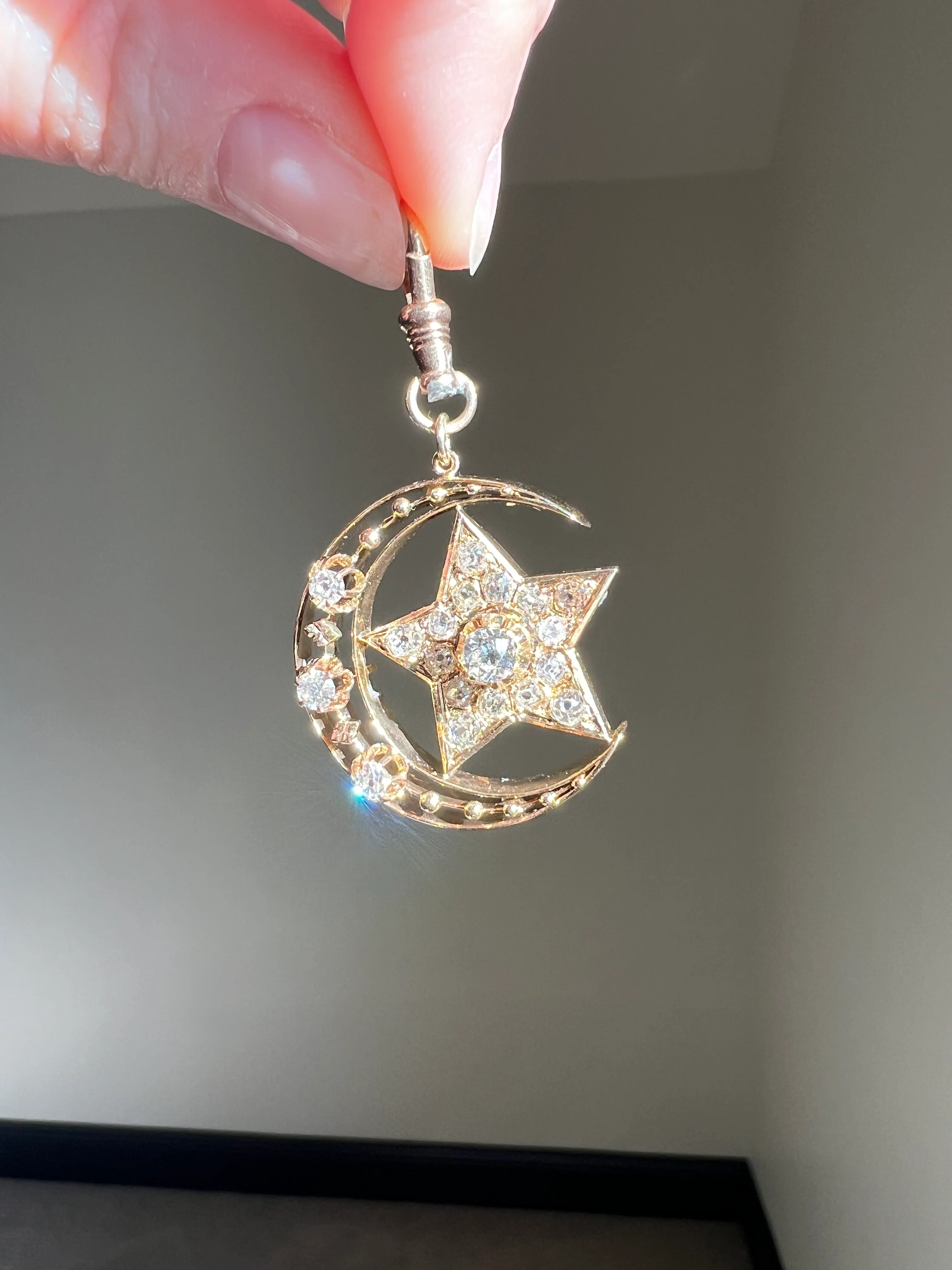 MOON STAR 1.5 Carat ANTIQUE Old Mine Cut Diamond Crescent Pendant 14k Gold 10k Dog Clip Victorian Figural Ball Rivet - Image 16