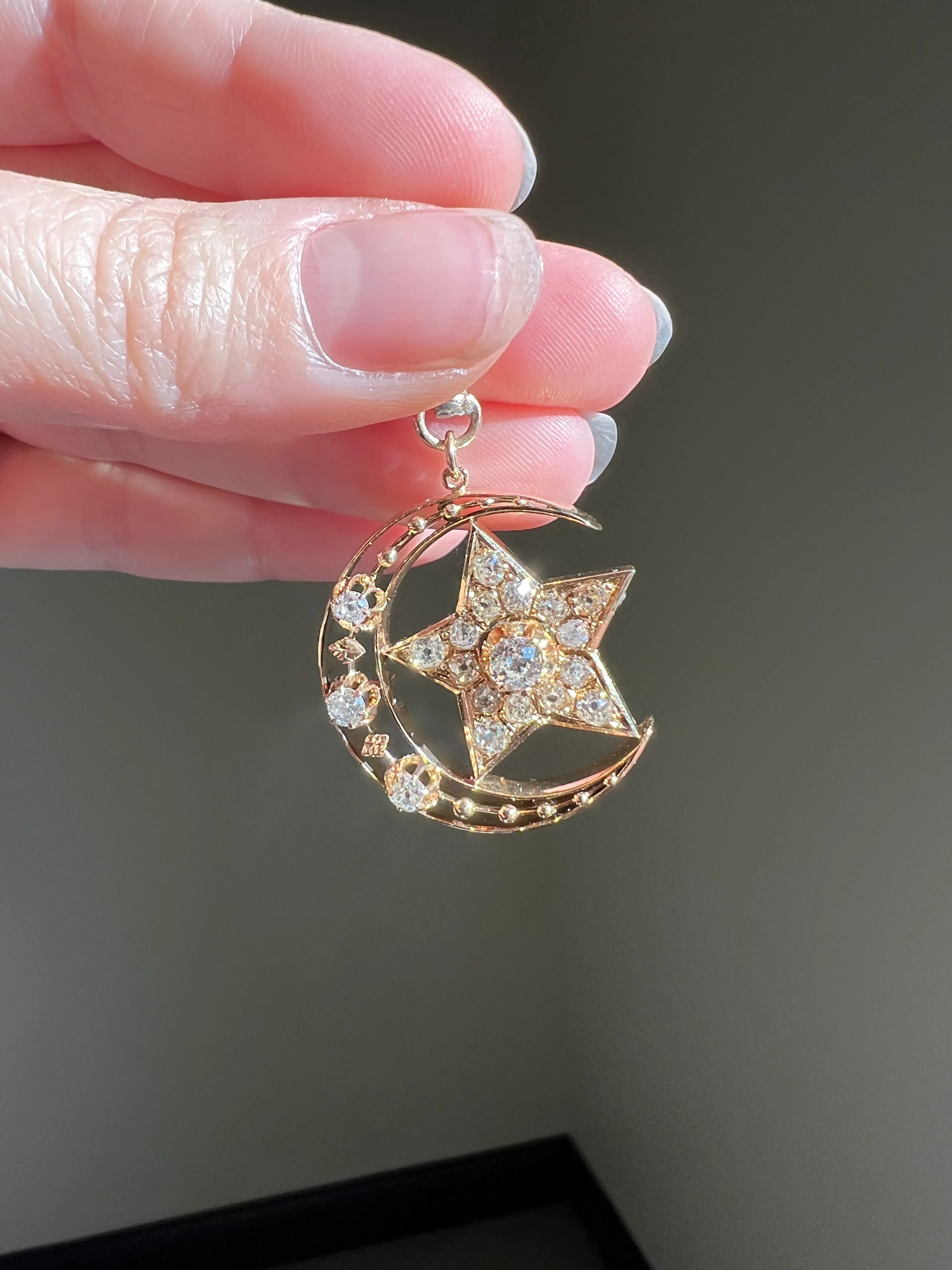 MOON STAR 1.5 Carat ANTIQUE Old Mine Cut Diamond Crescent Pendant 14k Gold 10k Dog Clip Victorian Figural Ball Rivet - Image 17