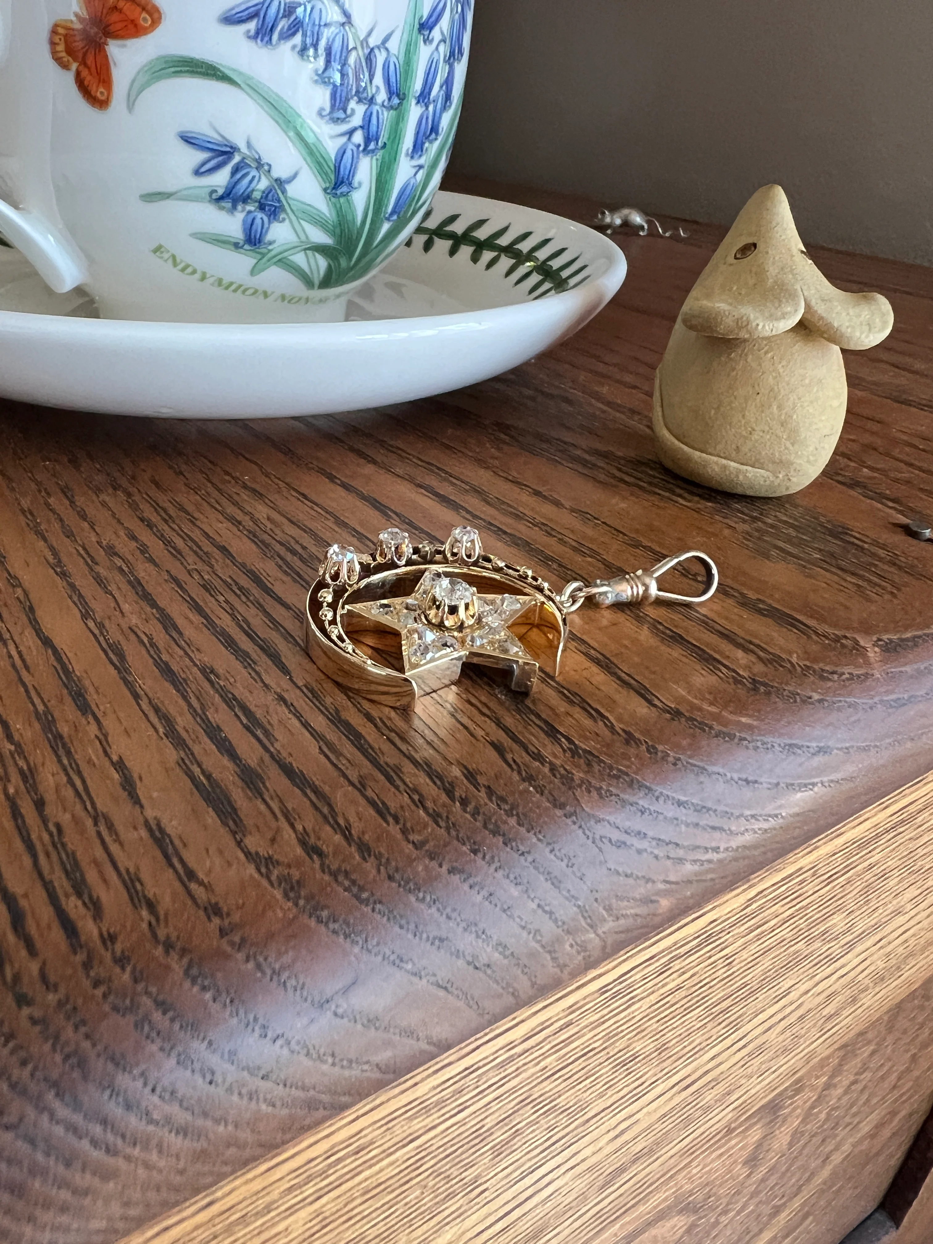 MOON STAR 1.5 Carat ANTIQUE Old Mine Cut Diamond Crescent Pendant 14k Gold 10k Dog Clip Victorian Figural Ball Rivet - Image 18