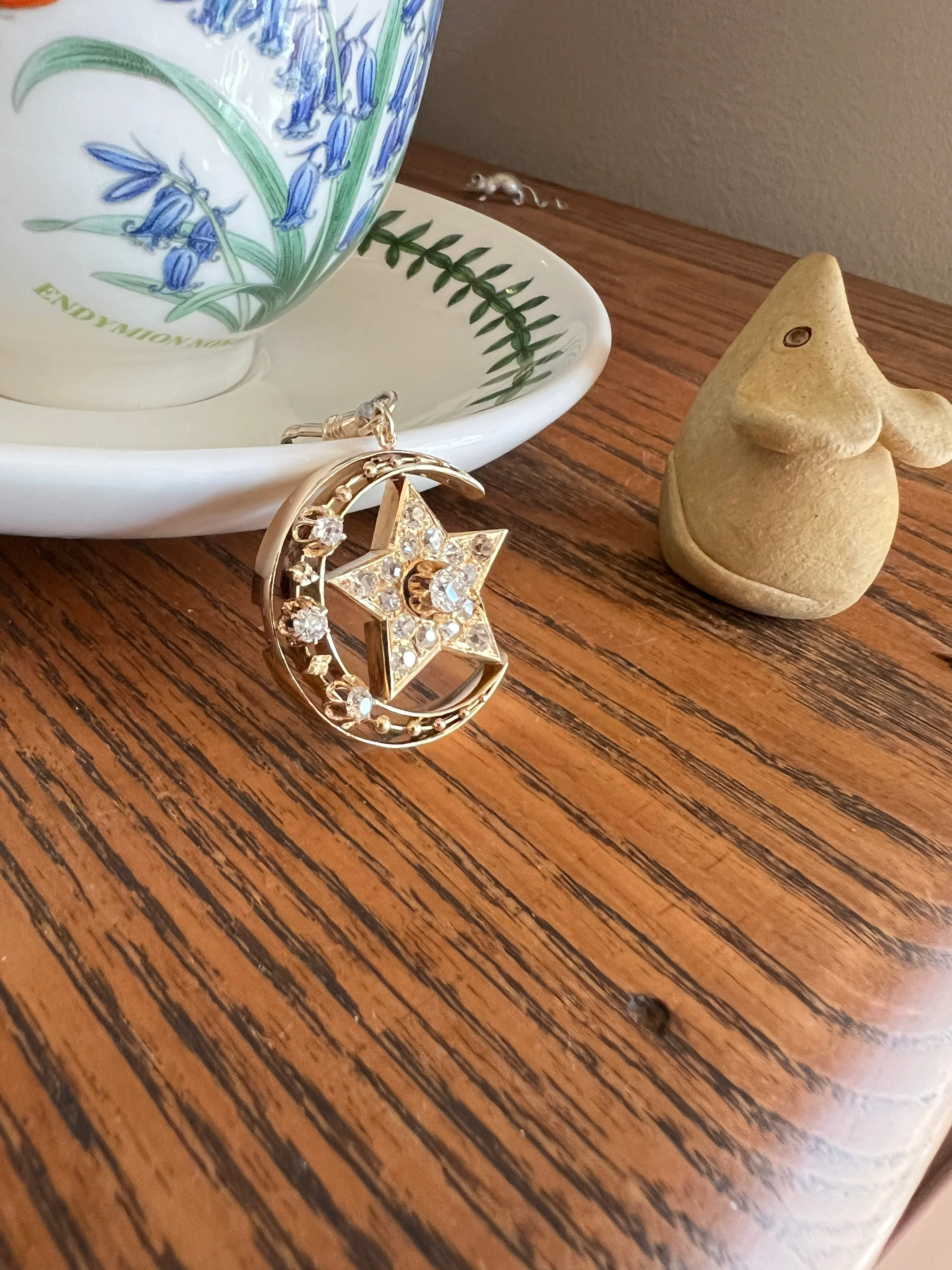 MOON STAR 1.5 Carat ANTIQUE Old Mine Cut Diamond Crescent Pendant 14k Gold 10k Dog Clip Victorian Figural Ball Rivet - Image 19