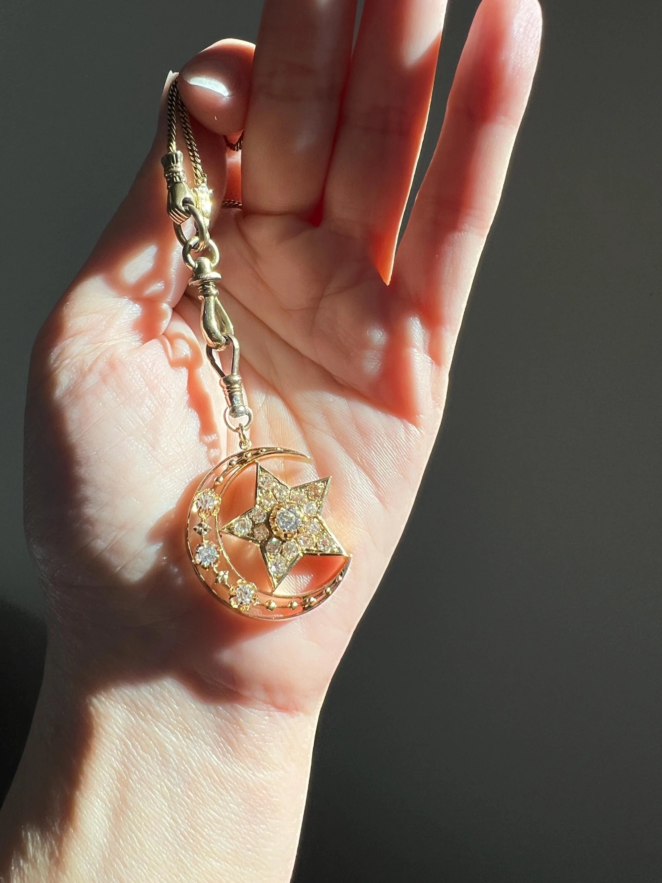 MOON STAR 1.5 Carat ANTIQUE Old Mine Cut Diamond Crescent Pendant 14k Gold 10k Dog Clip Victorian Figural Ball Rivet - Image 2