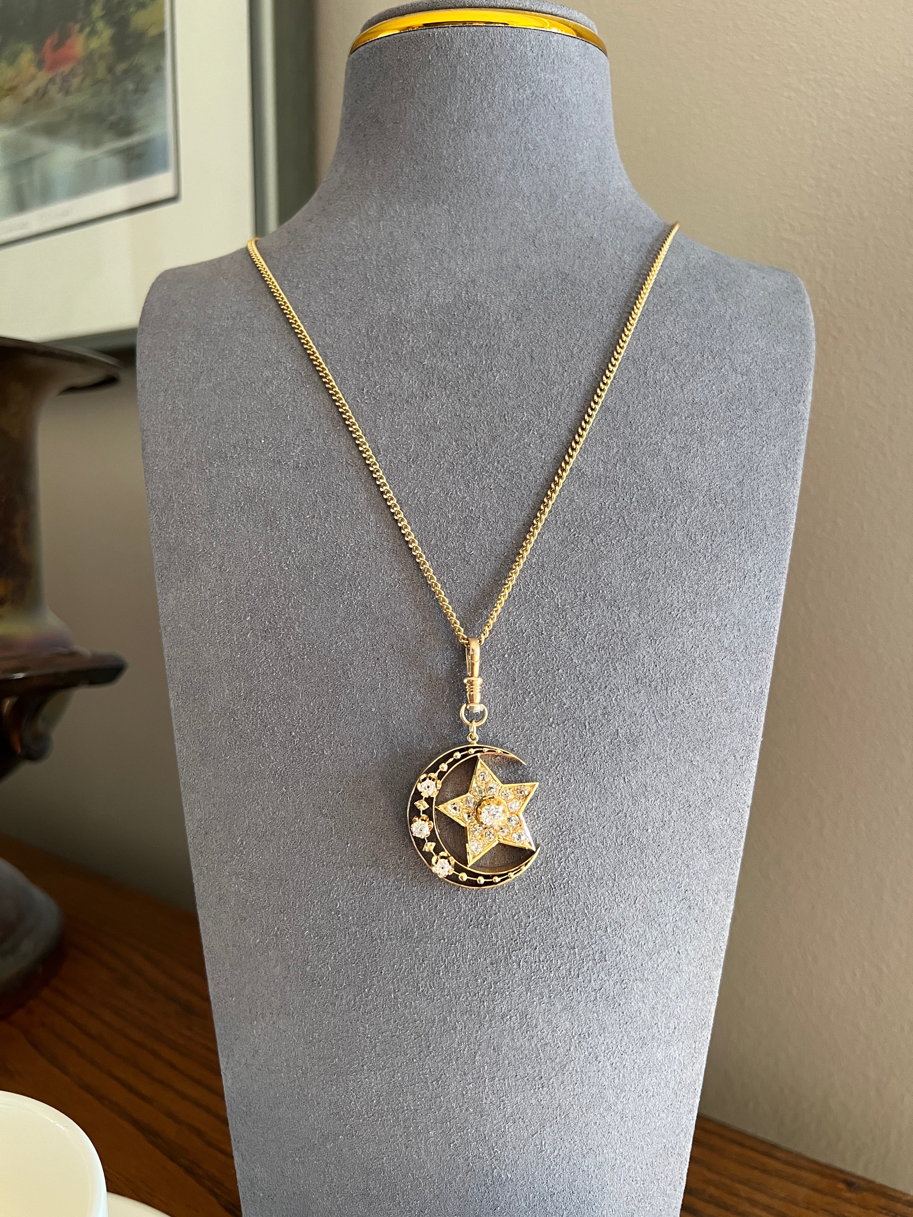 MOON STAR 1.5 Carat ANTIQUE Old Mine Cut Diamond Crescent Pendant 14k Gold 10k Dog Clip Victorian Figural Ball Rivet - Image 22