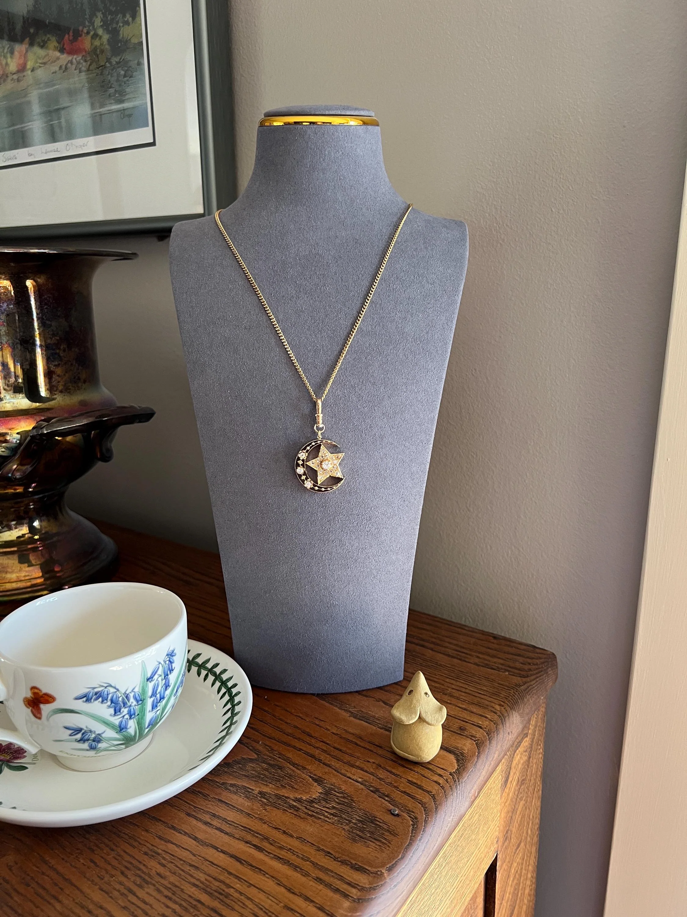 MOON STAR 1.5 Carat ANTIQUE Old Mine Cut Diamond Crescent Pendant 14k Gold 10k Dog Clip Victorian Figural Ball Rivet - Image 3