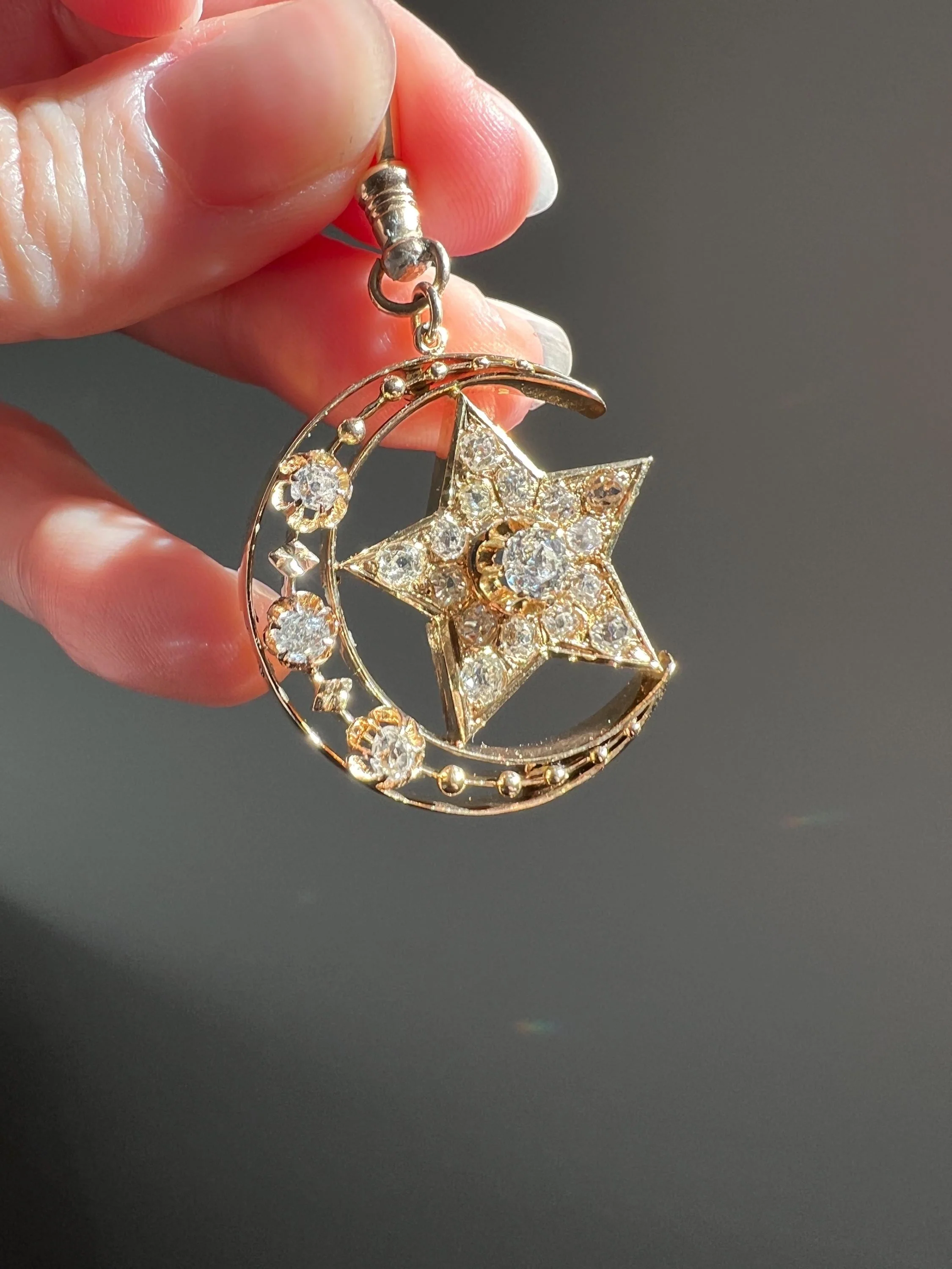 MOON STAR 1.5 Carat ANTIQUE Old Mine Cut Diamond Crescent Pendant 14k Gold 10k Dog Clip Victorian Figural Ball Rivet - Image 4