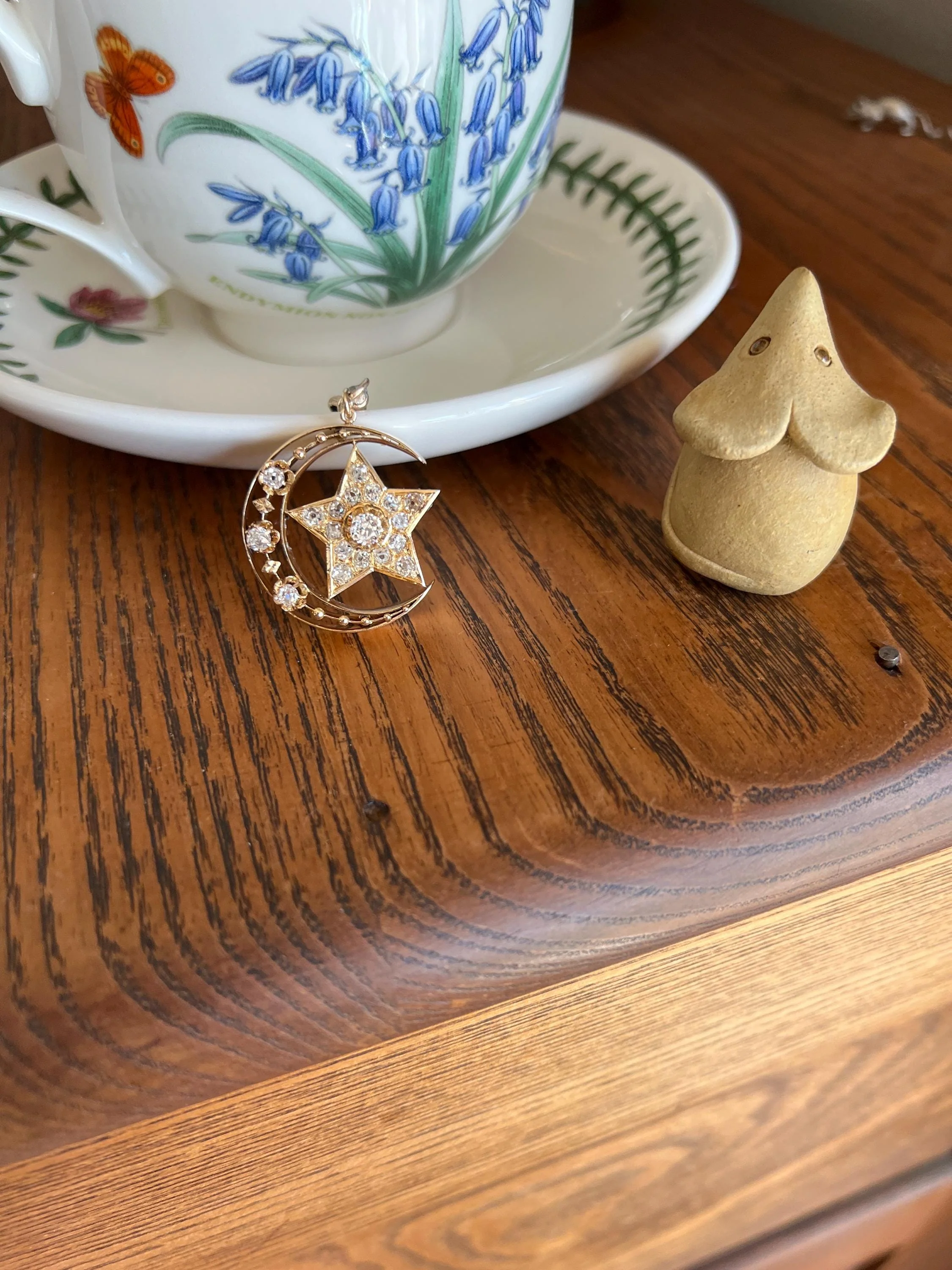 MOON STAR 1.5 Carat ANTIQUE Old Mine Cut Diamond Crescent Pendant 14k Gold 10k Dog Clip Victorian Figural Ball Rivet - Image 5