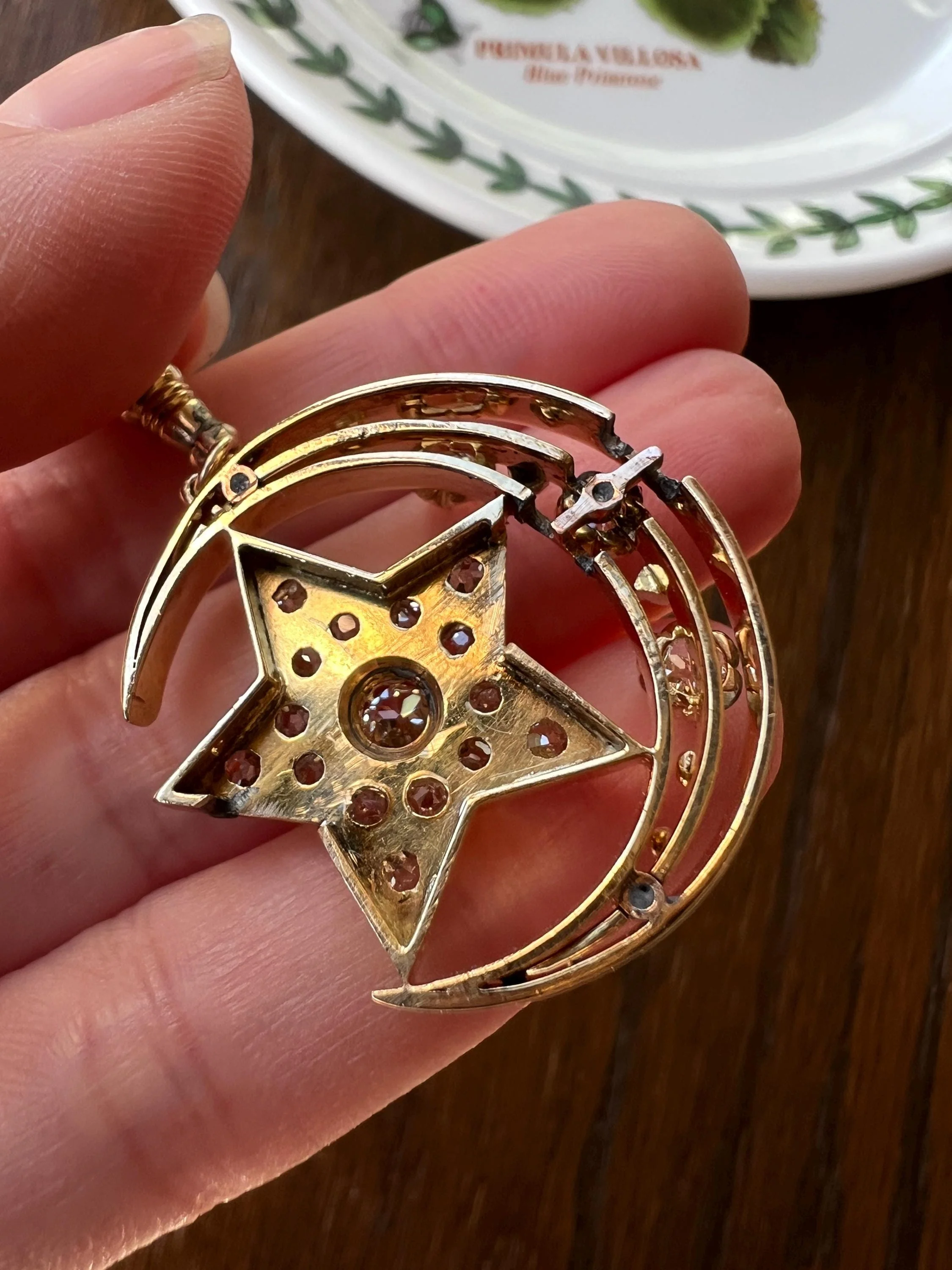 MOON STAR 1.5 Carat ANTIQUE Old Mine Cut Diamond Crescent Pendant 14k Gold 10k Dog Clip Victorian Figural Ball Rivet - Image 8