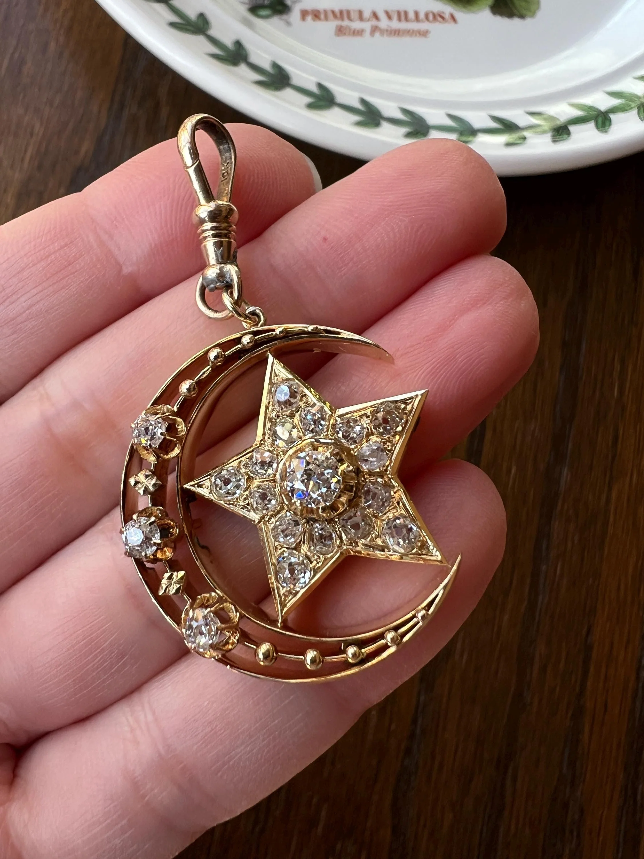 MOON STAR 1.5 Carat ANTIQUE Old Mine Cut Diamond Crescent Pendant 14k Gold 10k Dog Clip Victorian Figural Ball Rivet - Image 9