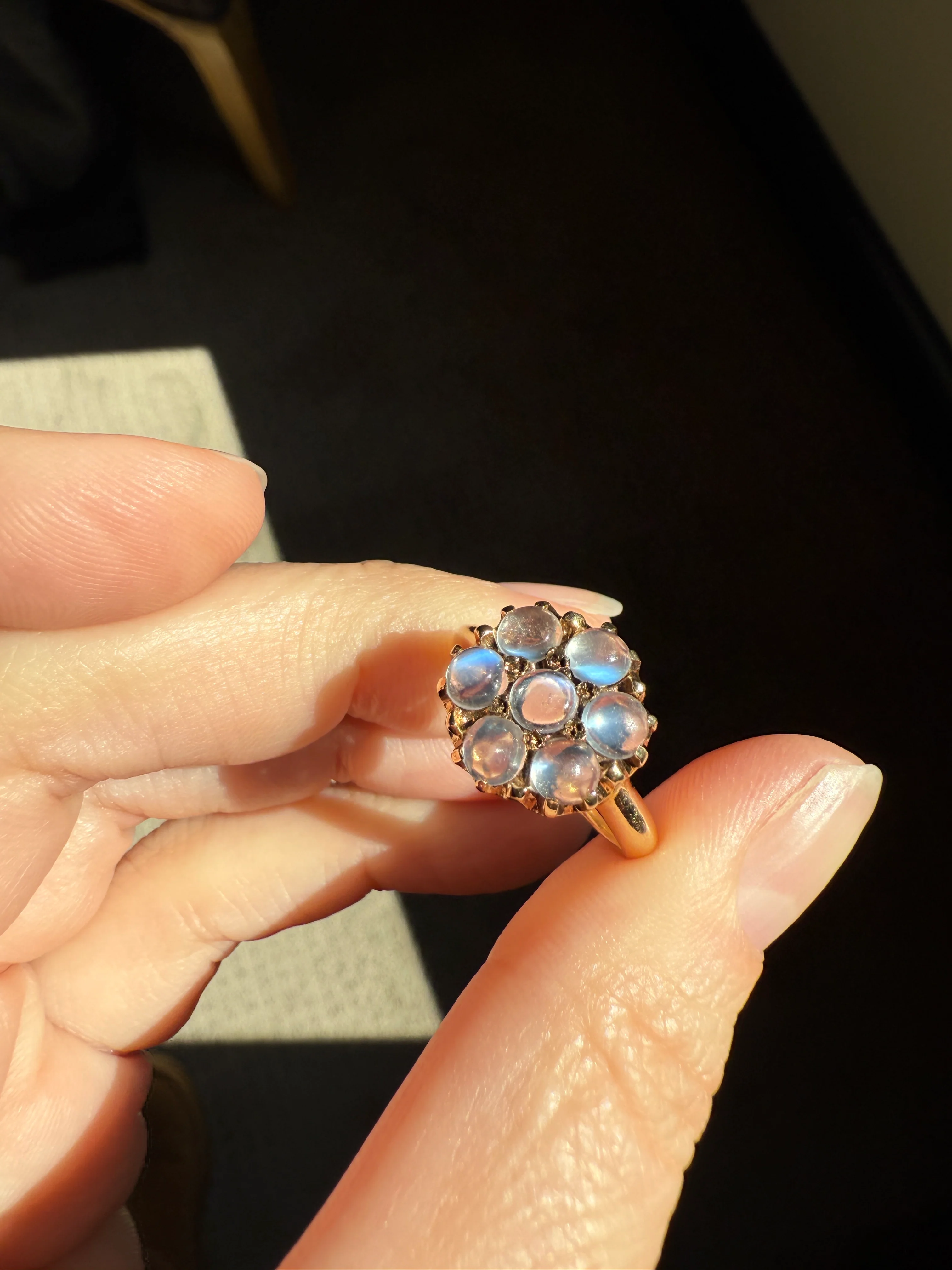 MOONSTONE Daisy Cluster Halo Ring Vintage to Art Deco Antique 14k Gold Seven Stone Blue Flash Chunky Glowing Orbs - Image 18