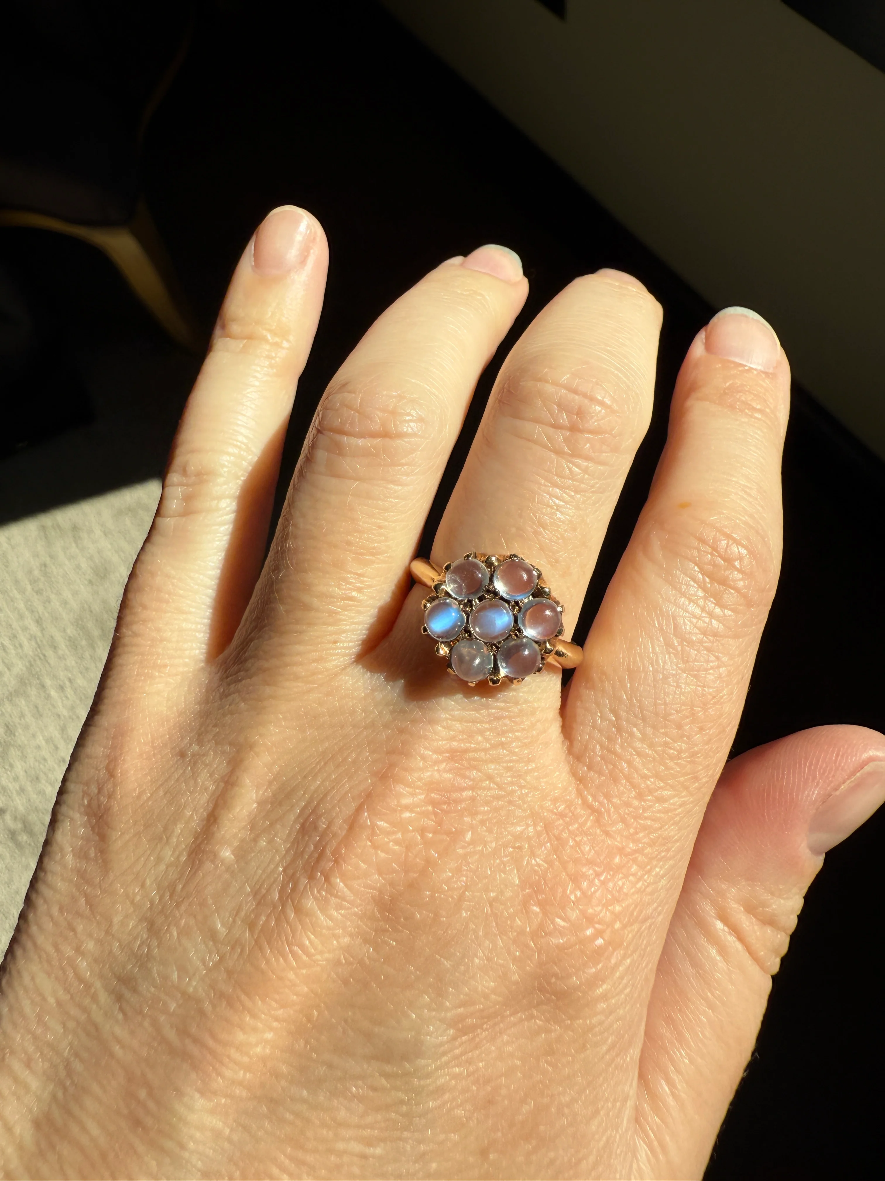 MOONSTONE Daisy Cluster Halo Ring Vintage to Art Deco Antique 14k Gold Seven Stone Blue Flash Chunky Glowing Orbs - Image 19