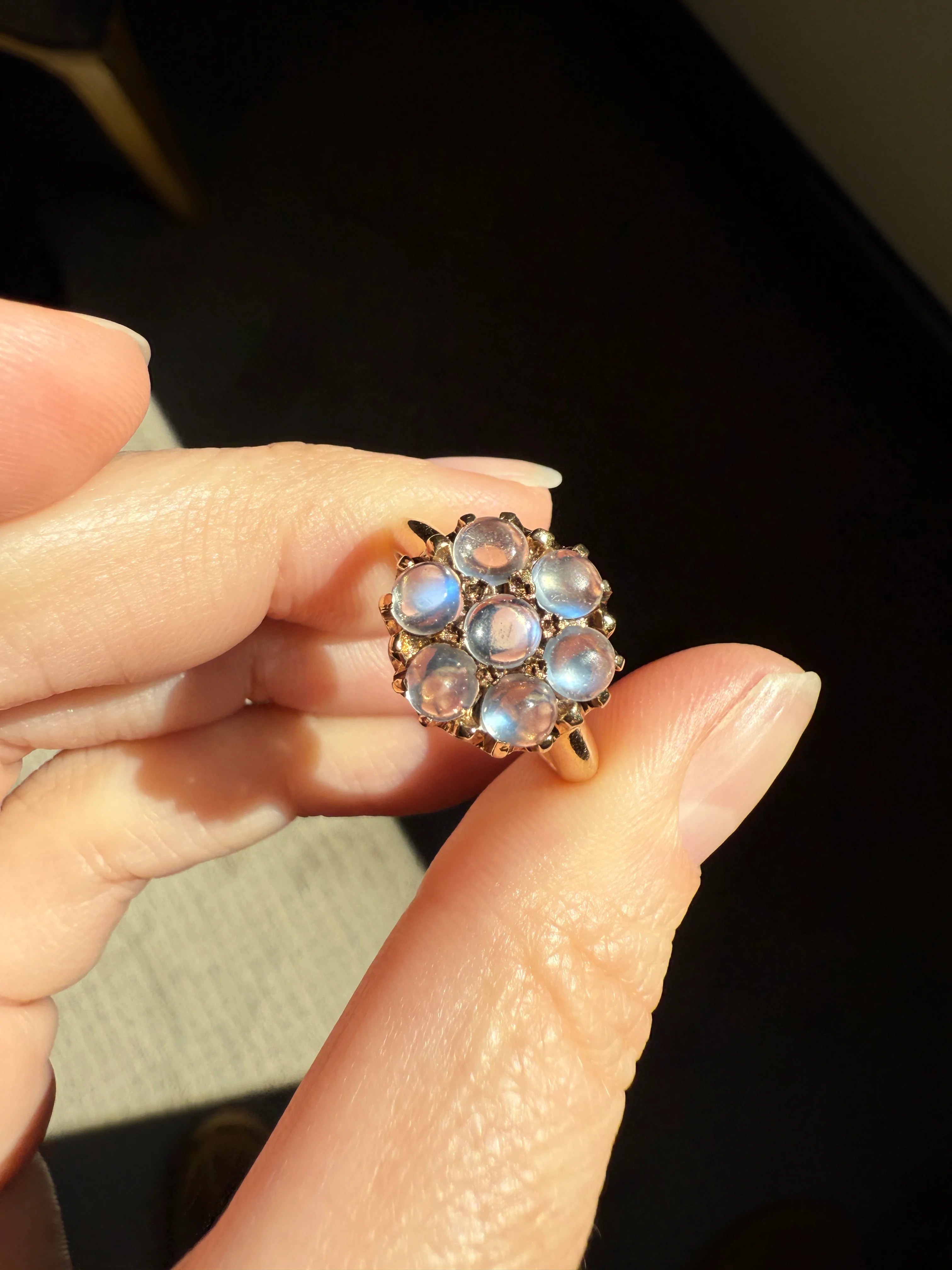 MOONSTONE Daisy Cluster Halo Ring Vintage to Art Deco Antique 14k Gold Seven Stone Blue Flash Chunky Glowing Orbs - Image 20