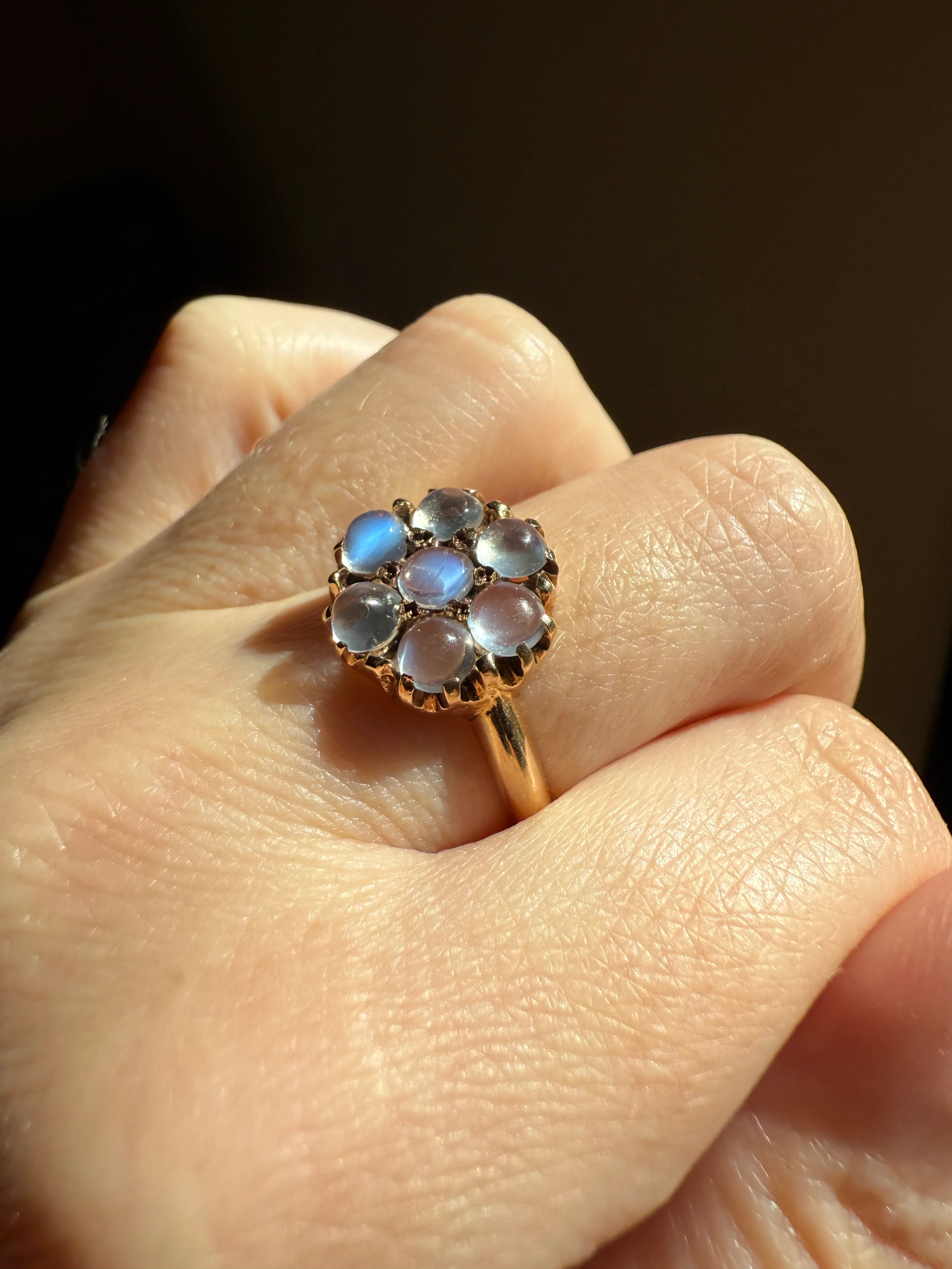 MOONSTONE Daisy Cluster Halo Ring Vintage to Art Deco Antique 14k Gold Seven Stone Blue Flash Chunky Glowing Orbs - Image 21