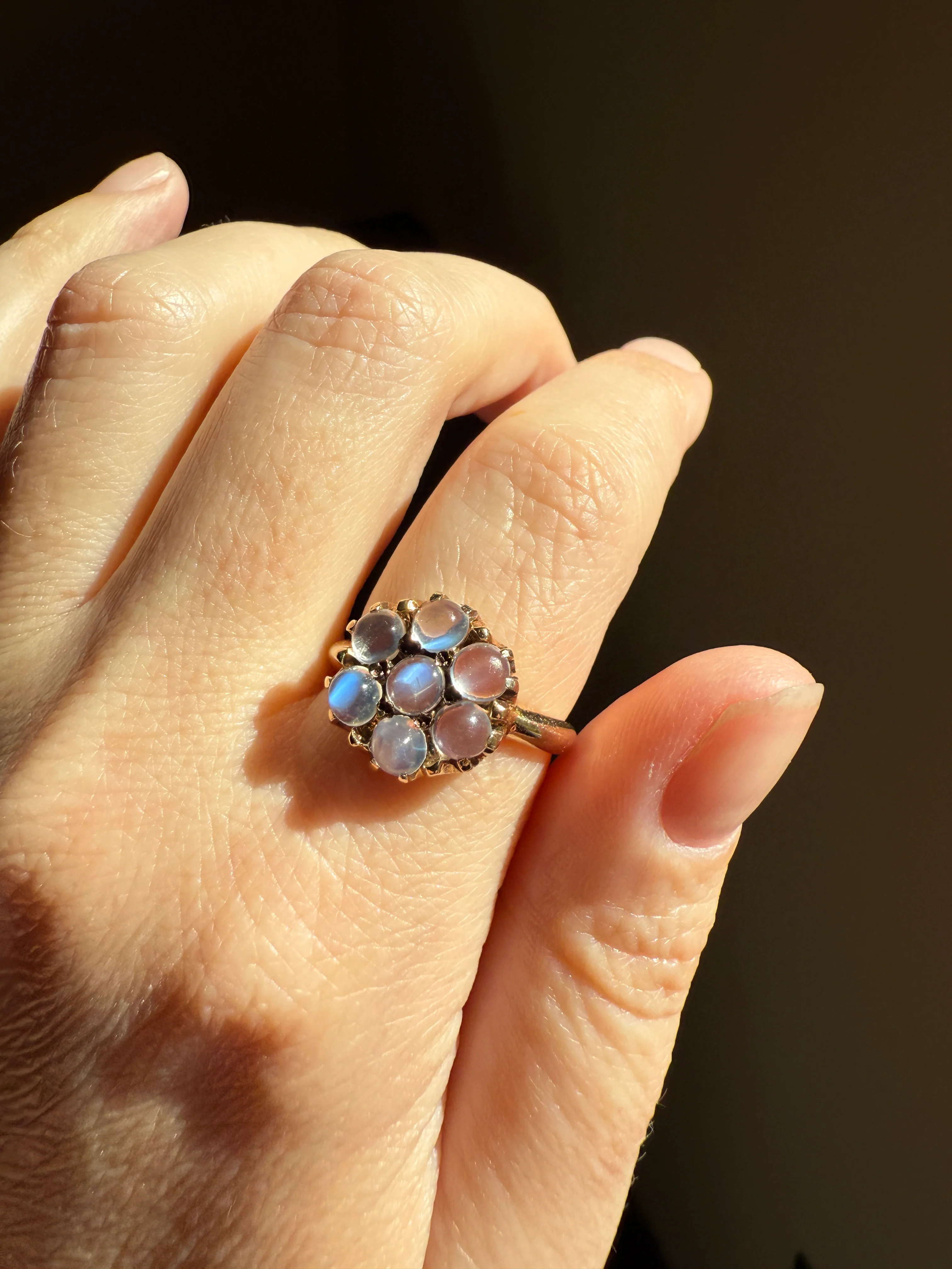 MOONSTONE Daisy Cluster Halo Ring Vintage to Art Deco Antique 14k Gold Seven Stone Blue Flash Chunky Glowing Orbs - Image 22
