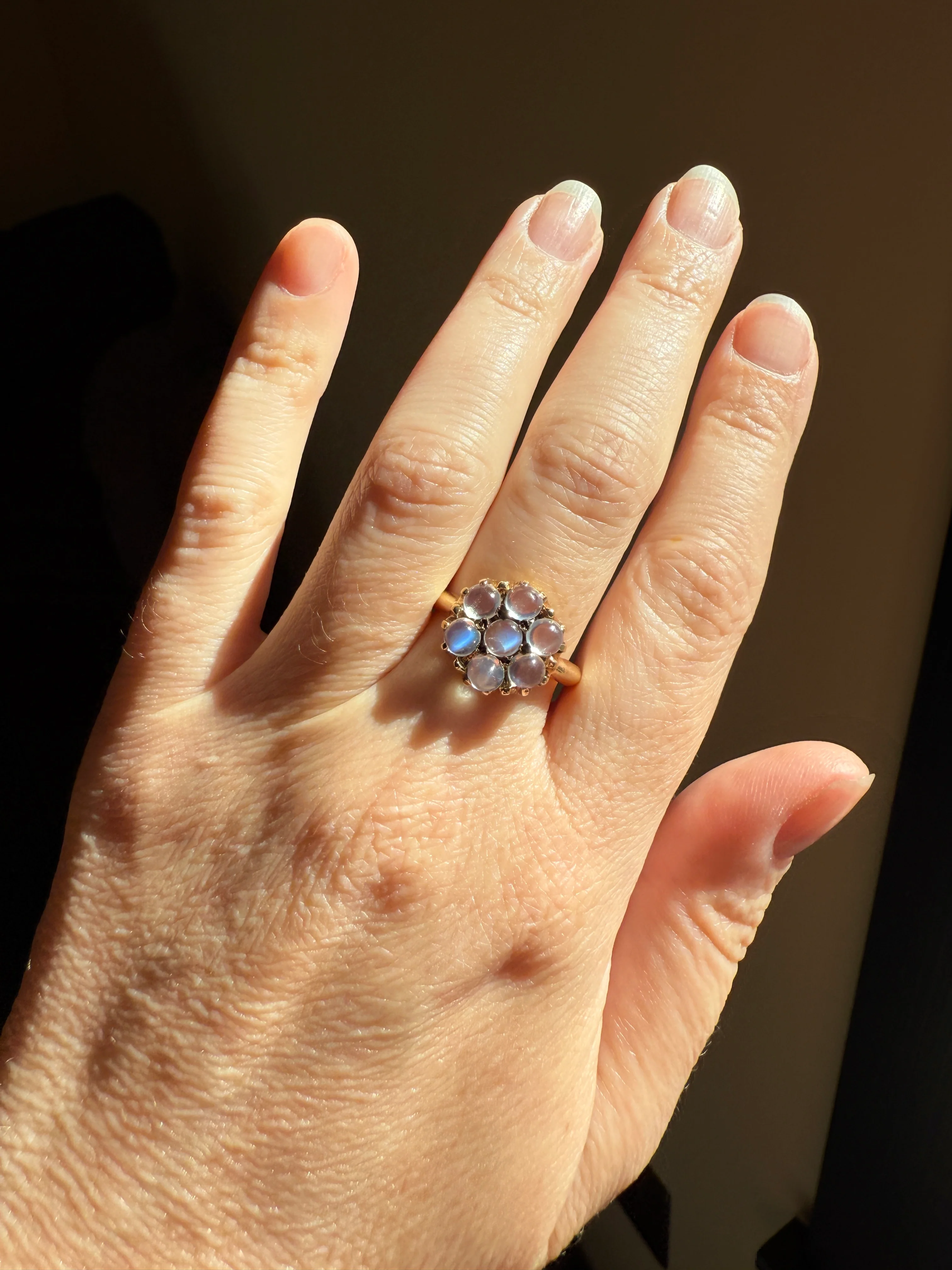MOONSTONE Daisy Cluster Halo Ring Vintage to Art Deco Antique 14k Gold Seven Stone Blue Flash Chunky Glowing Orbs - Image 23