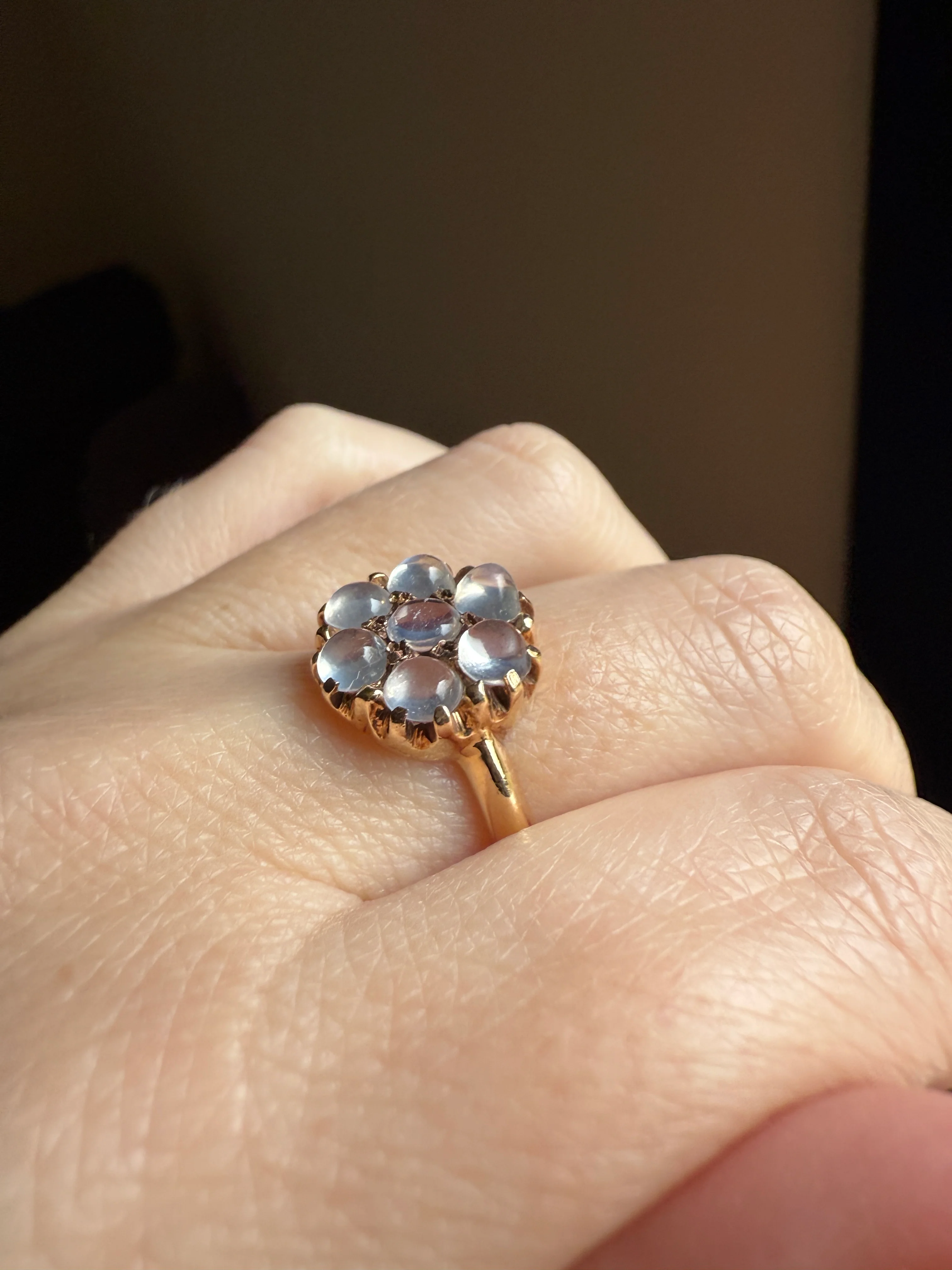 MOONSTONE Daisy Cluster Halo Ring Vintage to Art Deco Antique 14k Gold Seven Stone Blue Flash Chunky Glowing Orbs - Image 25