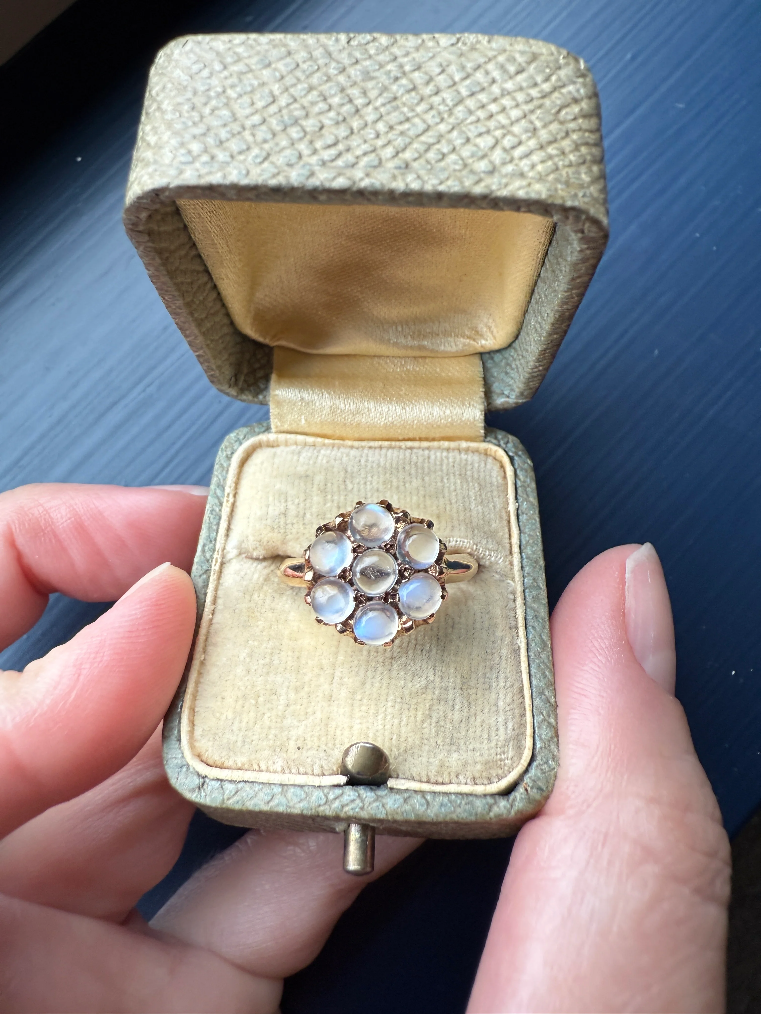 MOONSTONE Daisy Cluster Halo Ring Vintage to Art Deco Antique 14k Gold Seven Stone Blue Flash Chunky Glowing Orbs - Image 26