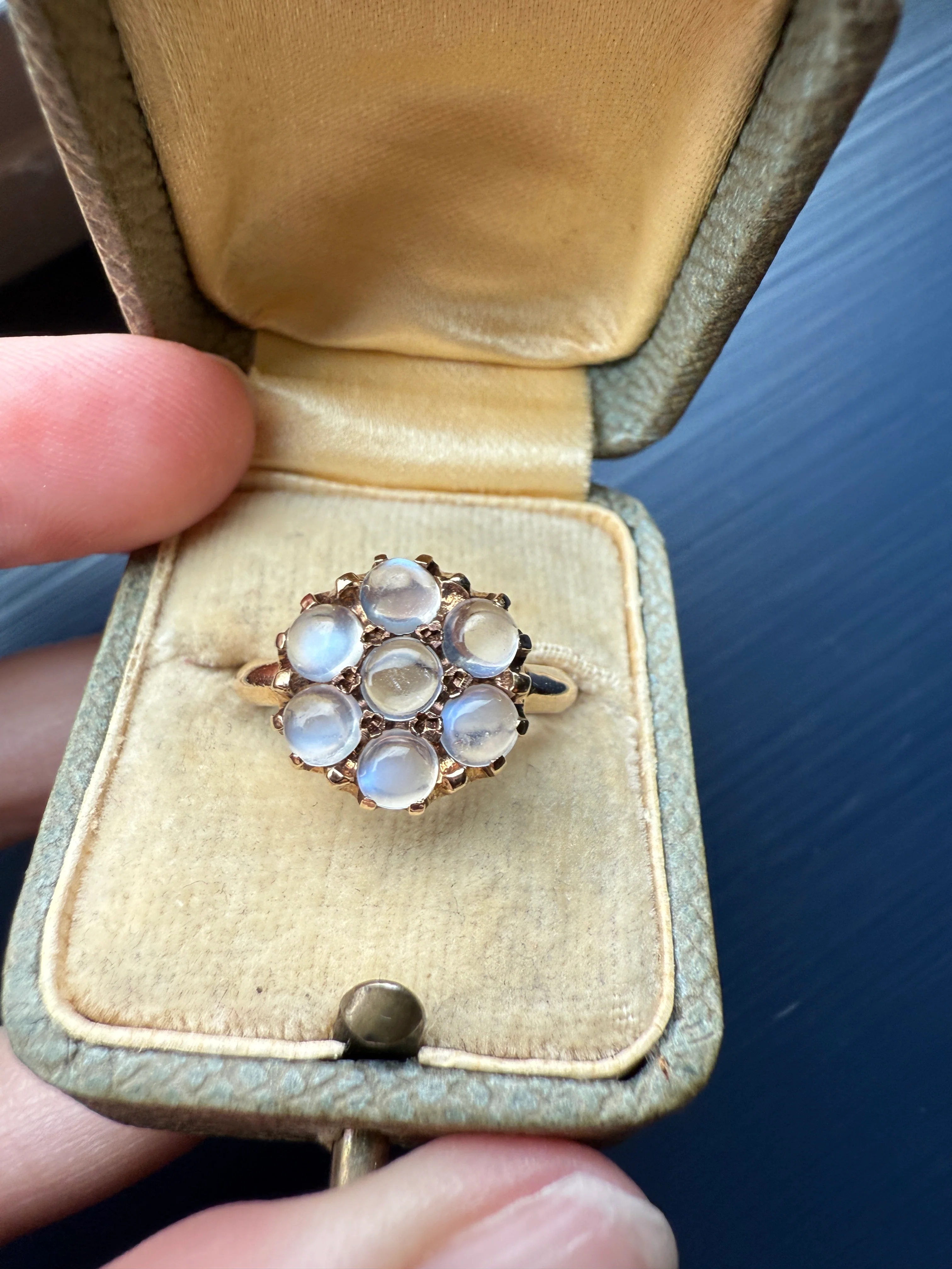 MOONSTONE Daisy Cluster Halo Ring Vintage to Art Deco Antique 14k Gold Seven Stone Blue Flash Chunky Glowing Orbs - Image 27