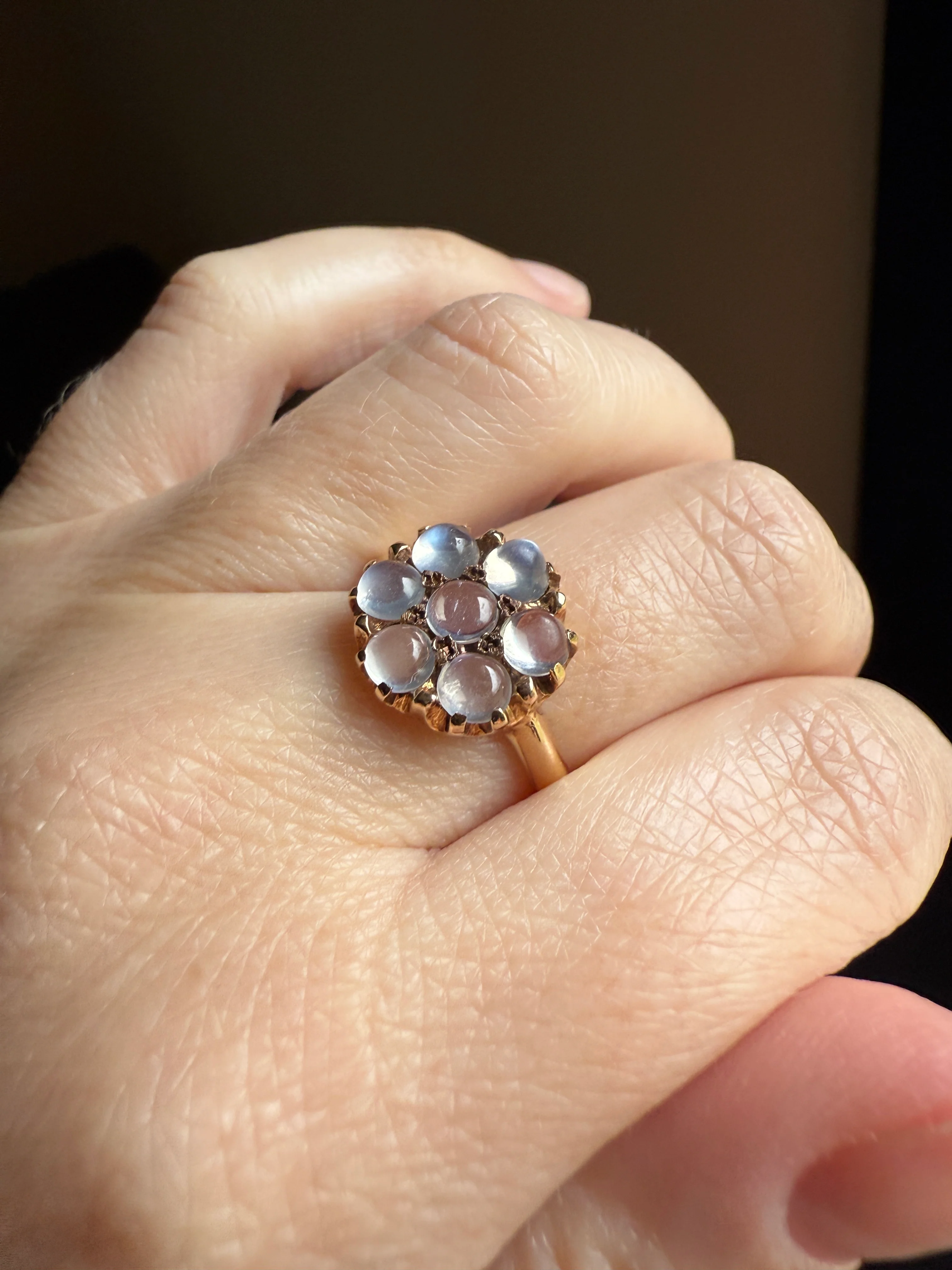 MOONSTONE Daisy Cluster Halo Ring Vintage to Art Deco Antique 14k Gold Seven Stone Blue Flash Chunky Glowing Orbs - Image 28