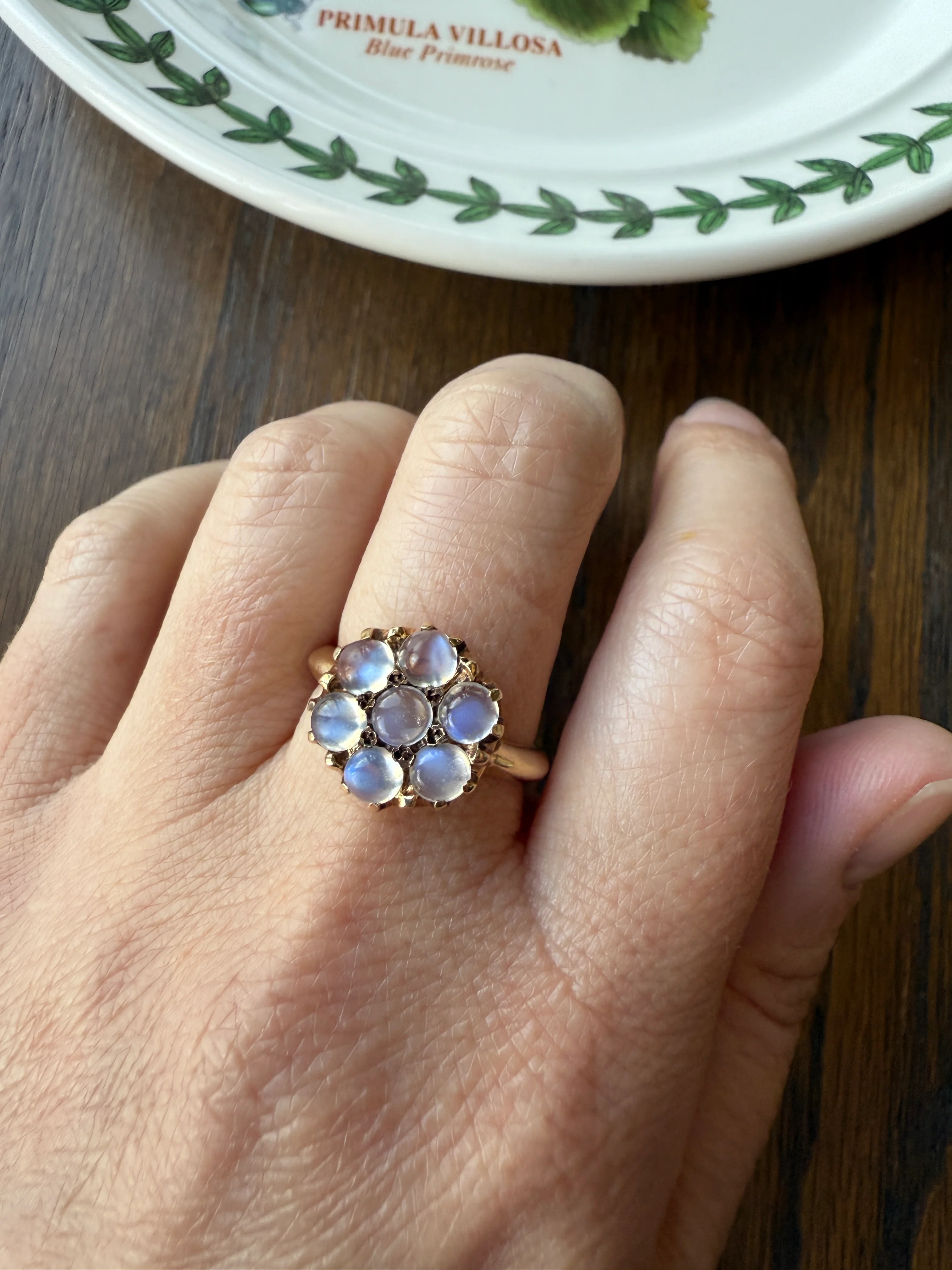 MOONSTONE Daisy Cluster Halo Ring Vintage to Art Deco Antique 14k Gold Seven Stone Blue Flash Chunky Glowing Orbs - Image 29