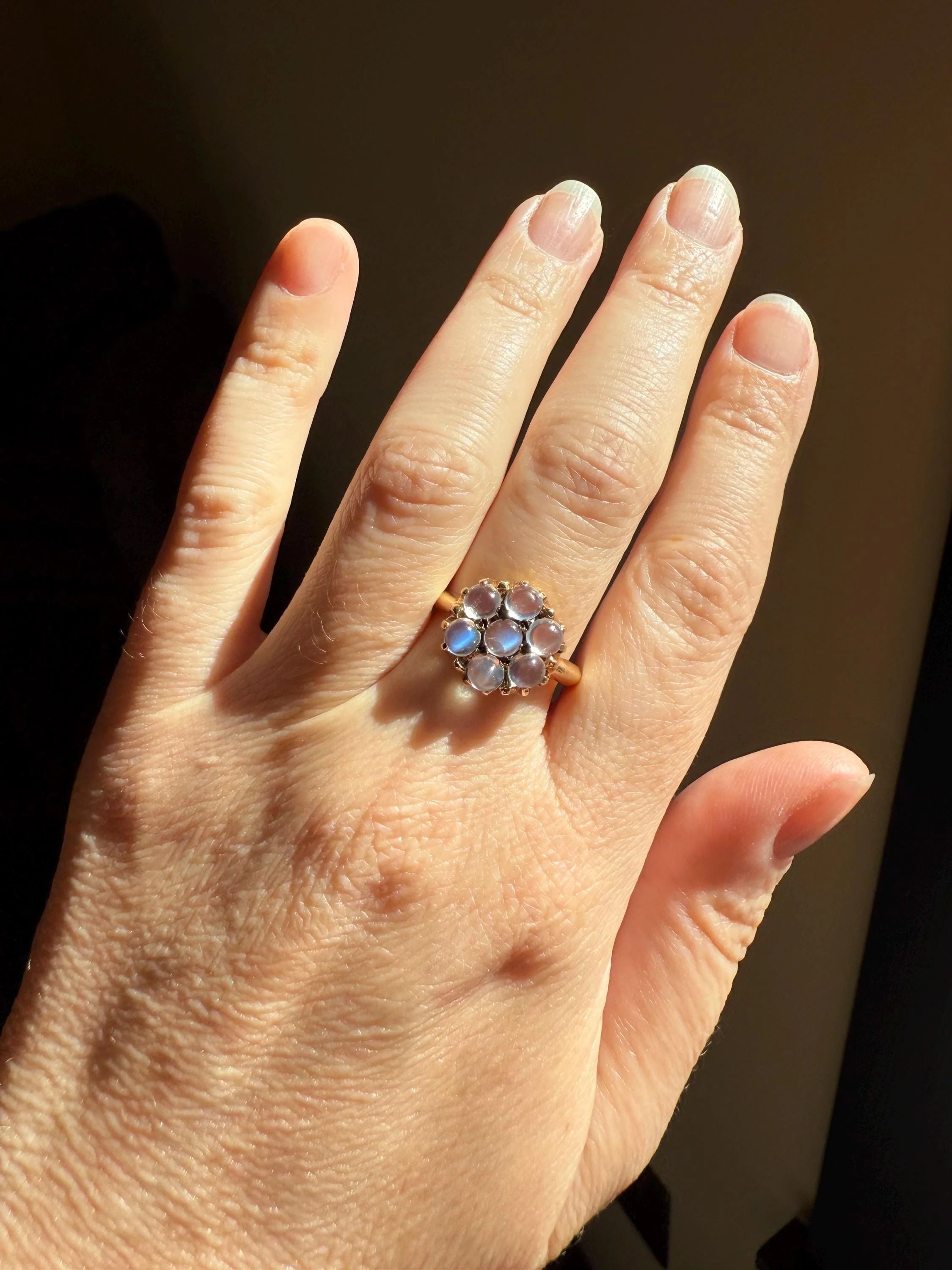 MOONSTONE Daisy Cluster Halo Ring Vintage to Art Deco Antique 14k Gold Seven Stone Blue Flash Chunky Glowing Orbs - Image 4