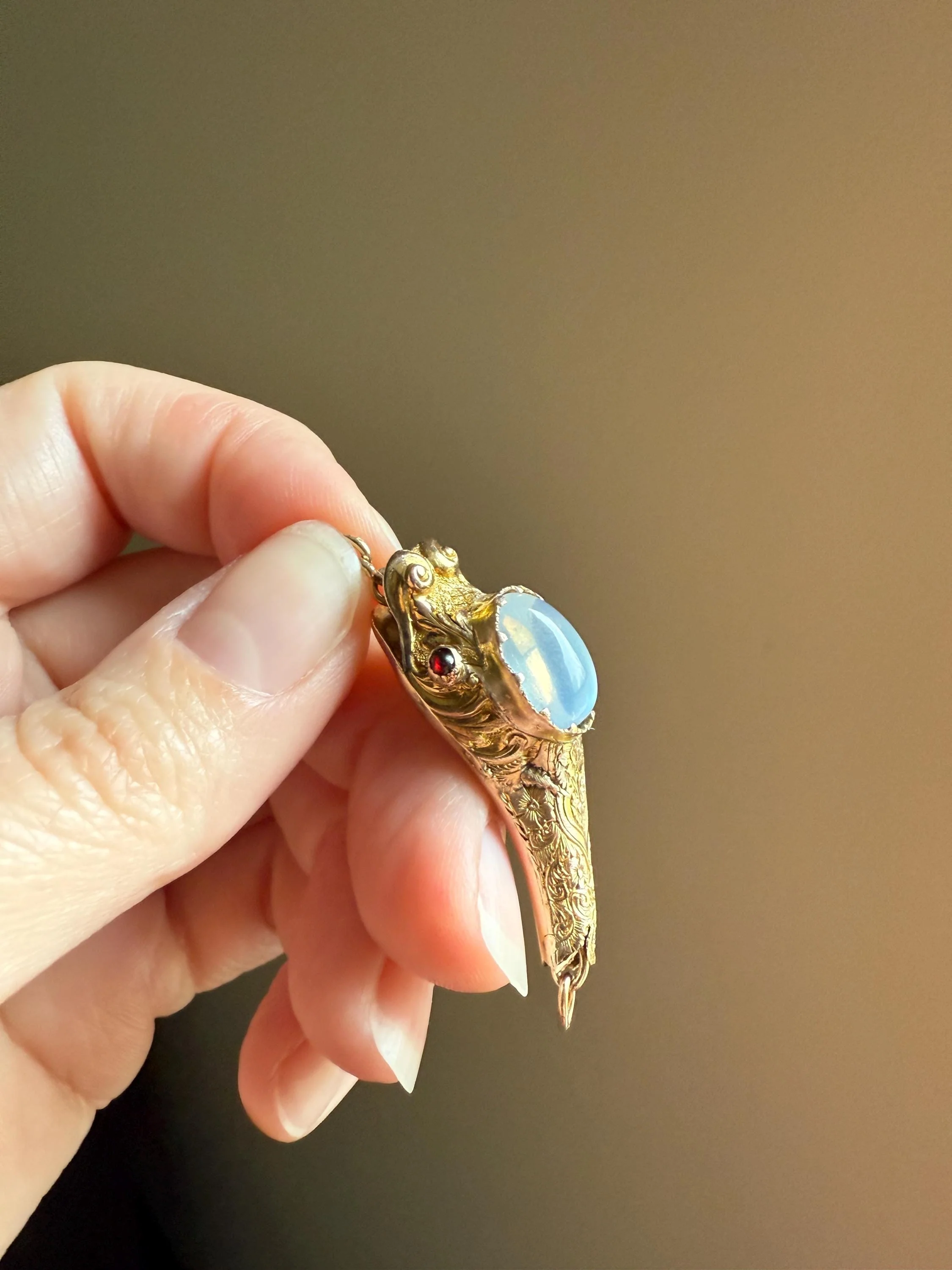 MOONSTONE Smiling SNAKE Large Victorian Antique Pendant CONNECTOR Extender Figural 10k Gold Solid Swivel Engraved Head Garnet Eyes - Image 11