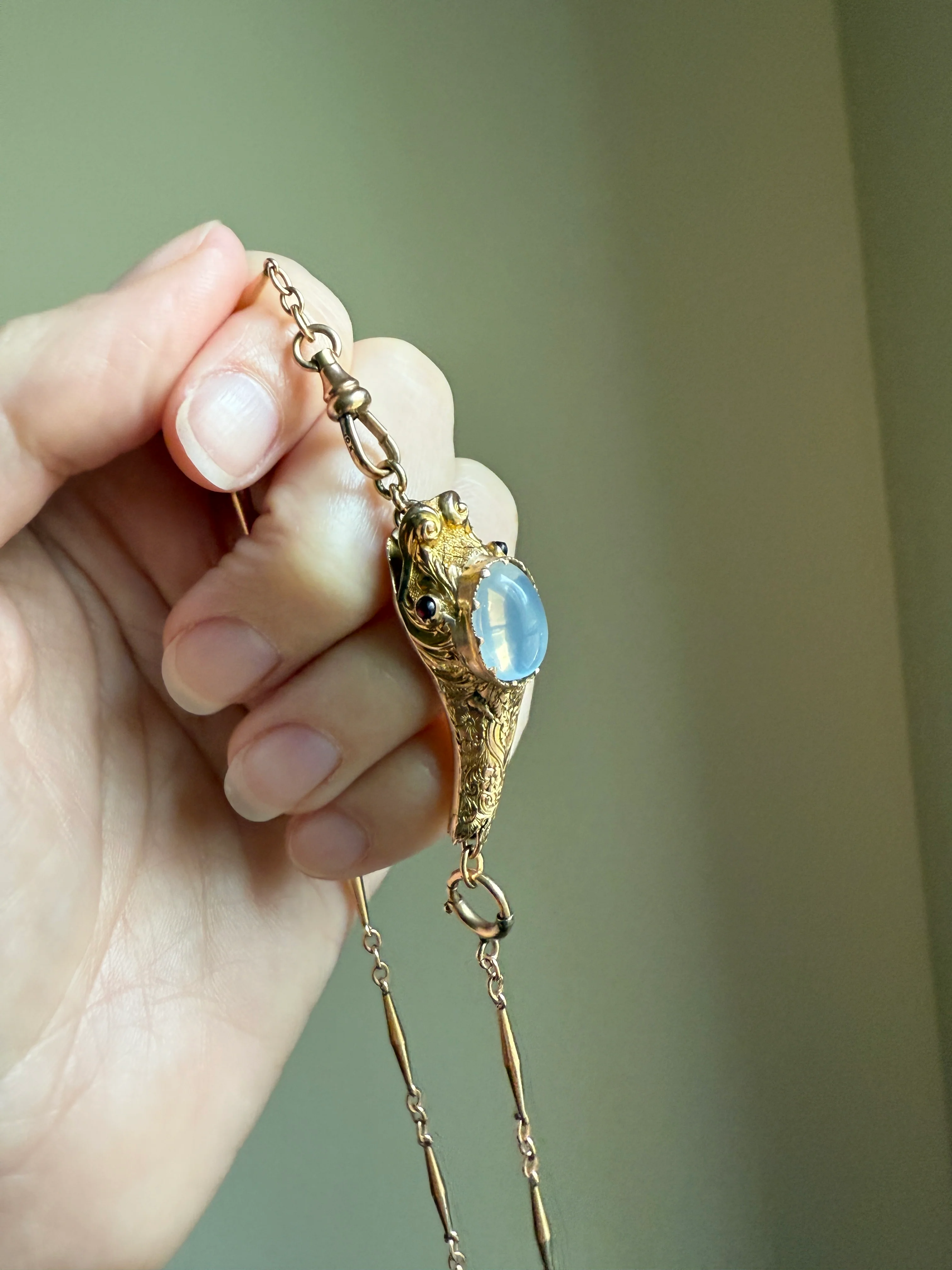 MOONSTONE Smiling SNAKE Large Victorian Antique Pendant CONNECTOR Extender Figural 10k Gold Solid Swivel Engraved Head Garnet Eyes - Image 14