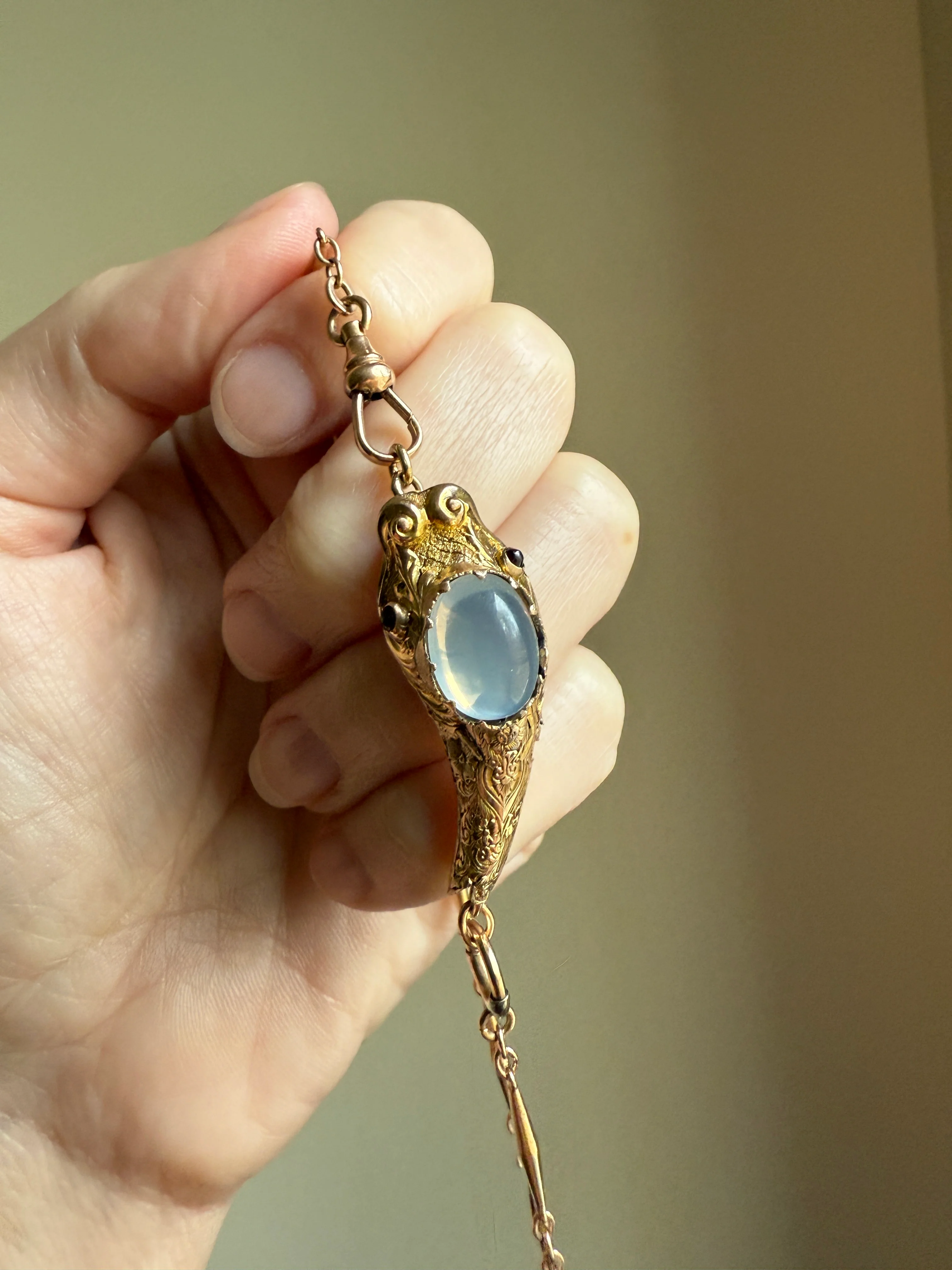MOONSTONE Smiling SNAKE Large Victorian Antique Pendant CONNECTOR Extender Figural 10k Gold Solid Swivel Engraved Head Garnet Eyes - Image 15