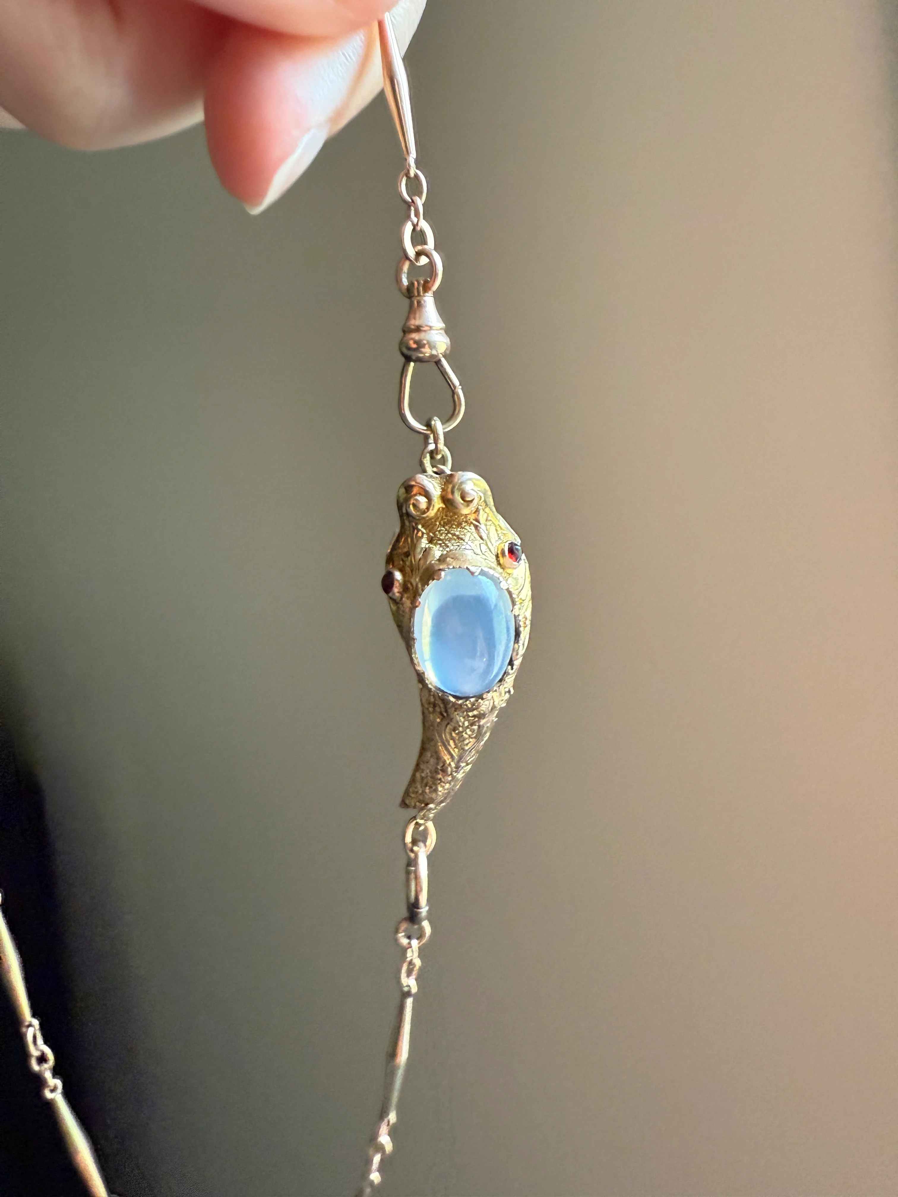 MOONSTONE Smiling SNAKE Large Victorian Antique Pendant CONNECTOR Extender Figural 10k Gold Solid Swivel Engraved Head Garnet Eyes - Image 16
