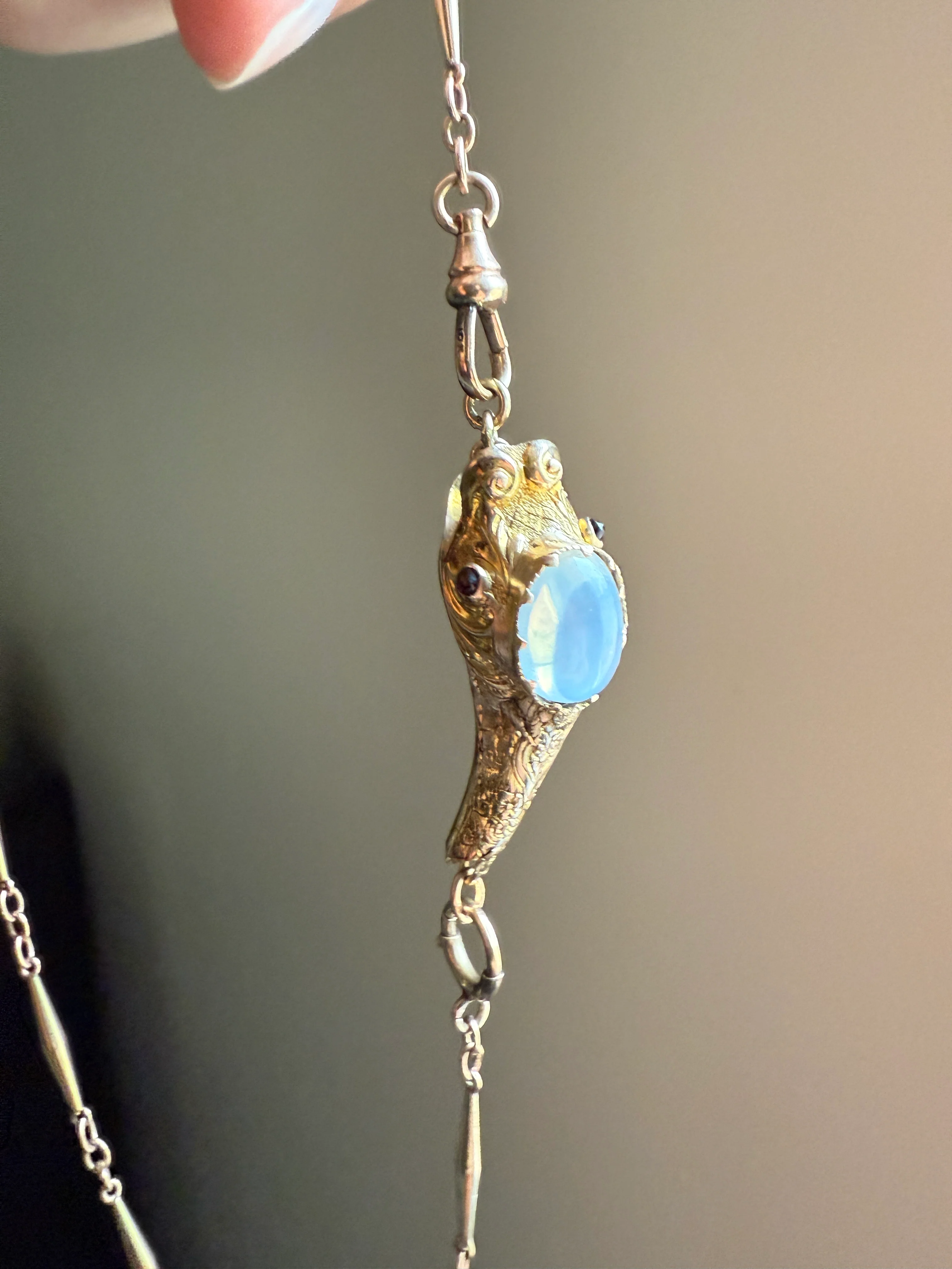 MOONSTONE Smiling SNAKE Large Victorian Antique Pendant CONNECTOR Extender Figural 10k Gold Solid Swivel Engraved Head Garnet Eyes - Image 17