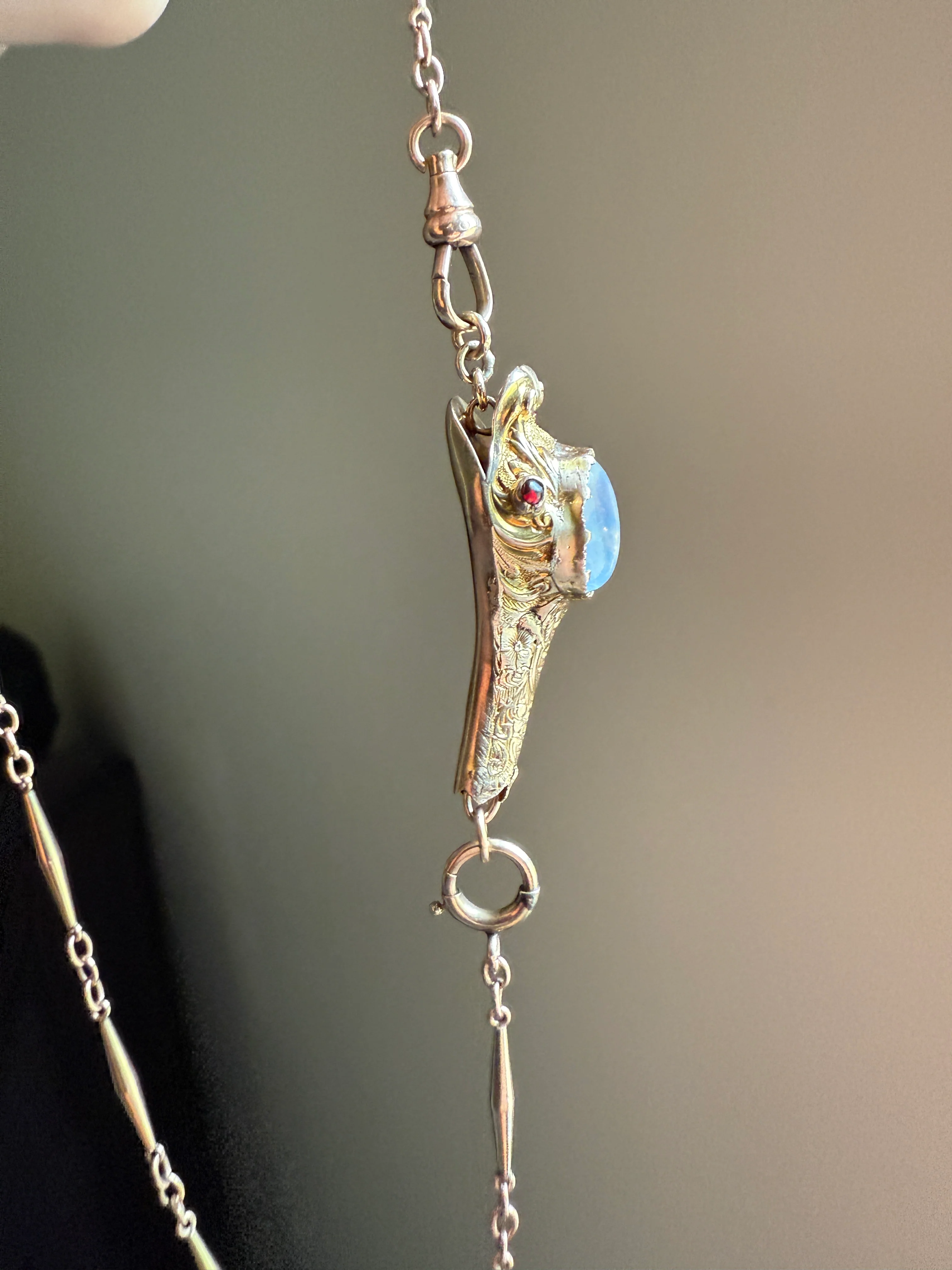 MOONSTONE Smiling SNAKE Large Victorian Antique Pendant CONNECTOR Extender Figural 10k Gold Solid Swivel Engraved Head Garnet Eyes - Image 18