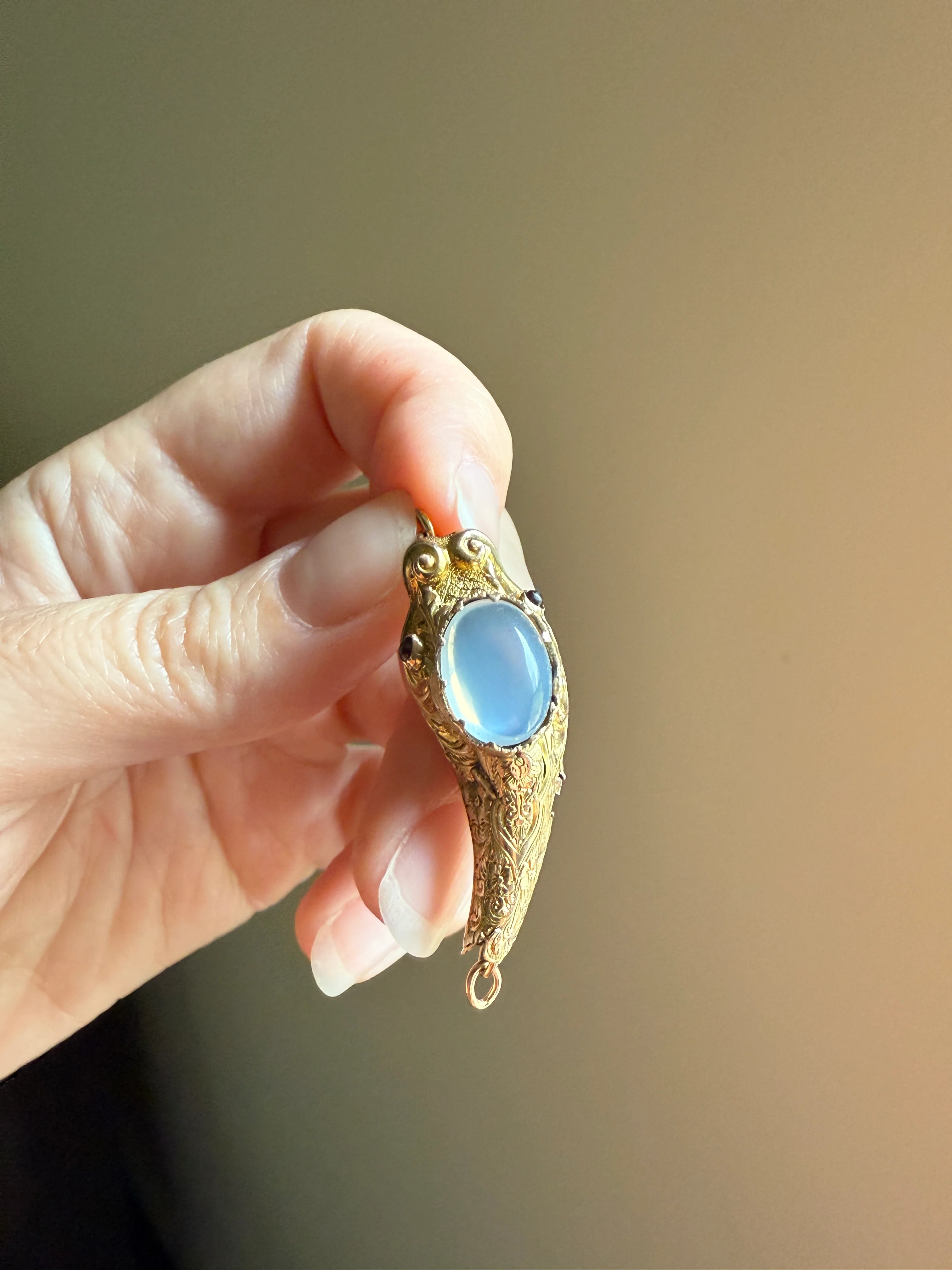MOONSTONE Smiling SNAKE Large Victorian Antique Pendant CONNECTOR Extender Figural 10k Gold Solid Swivel Engraved Head Garnet Eyes - Image 19